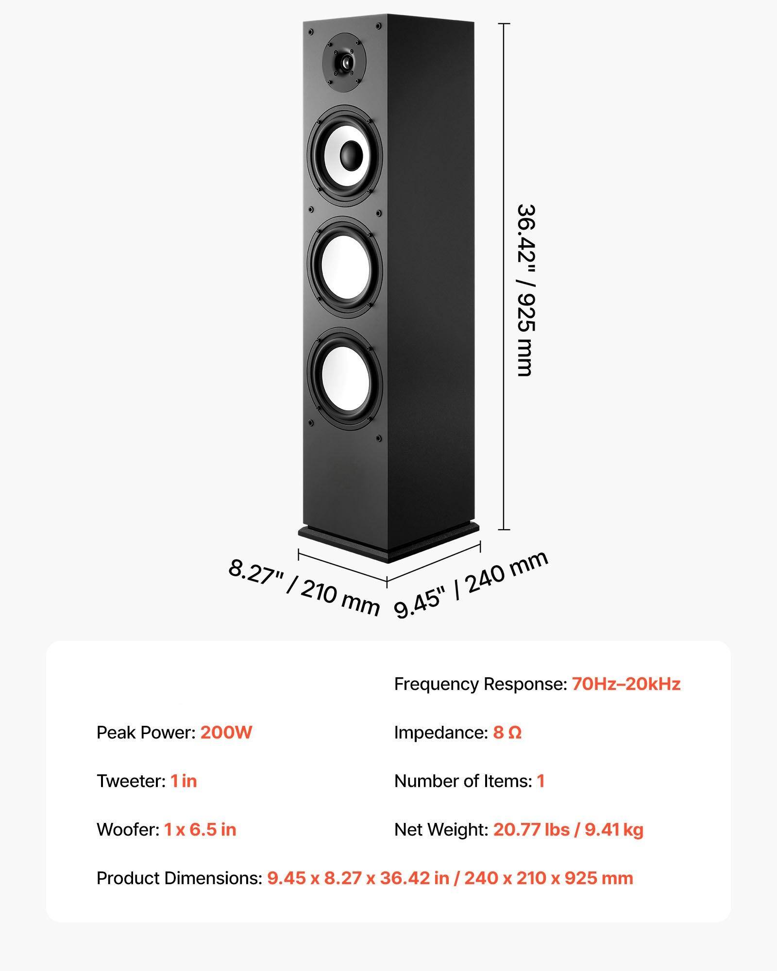 - **Dimensions:**
  - Height: 36.42" / 925 mm
  - Width: 8.27" / 210 mm
  - Depth: 9.45" / 240 mm

- **Specifications:**
  - Frequency Response: 70Hz-20kHz
  - Peak Power: 200W
  - Impedance: 8 Ω
  - Tweeter: 1 in
  - Woofer: 1 x 6.5 in
  - Number of Items: 1
  - Net Weight: 20.77 lbs / 9.41 kg
  - Product Dimensions: 9.45 x 8.27 x 36.42 in / 240 x 210 x 925 mm