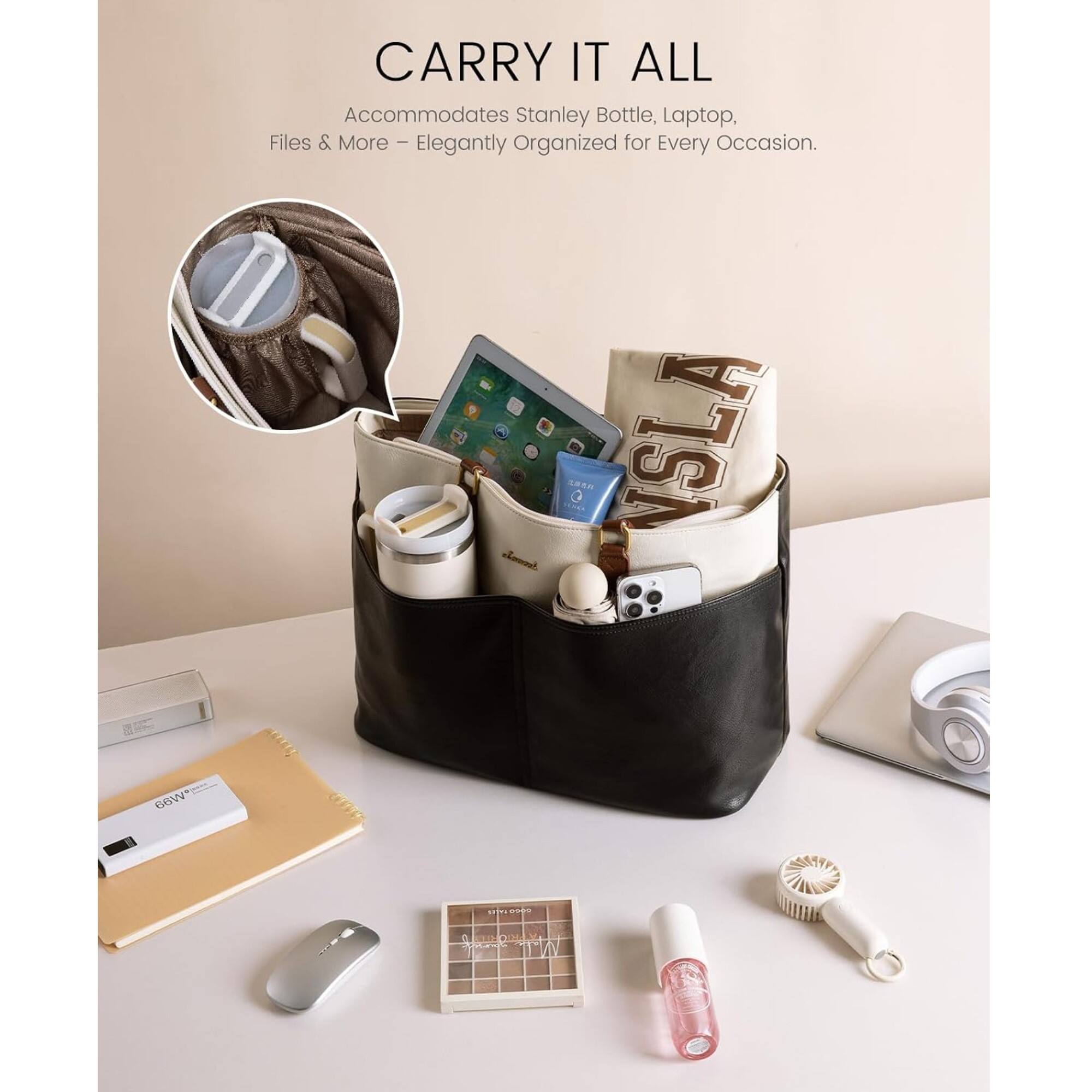 66W*  
CARRY IT ALL  
Accommodates Stanley Bottle, Laptop, Files & More - Elegantly Organized for Every Occasion.  
foomsh SENCE  
NSLA  
MR 0000  
TW