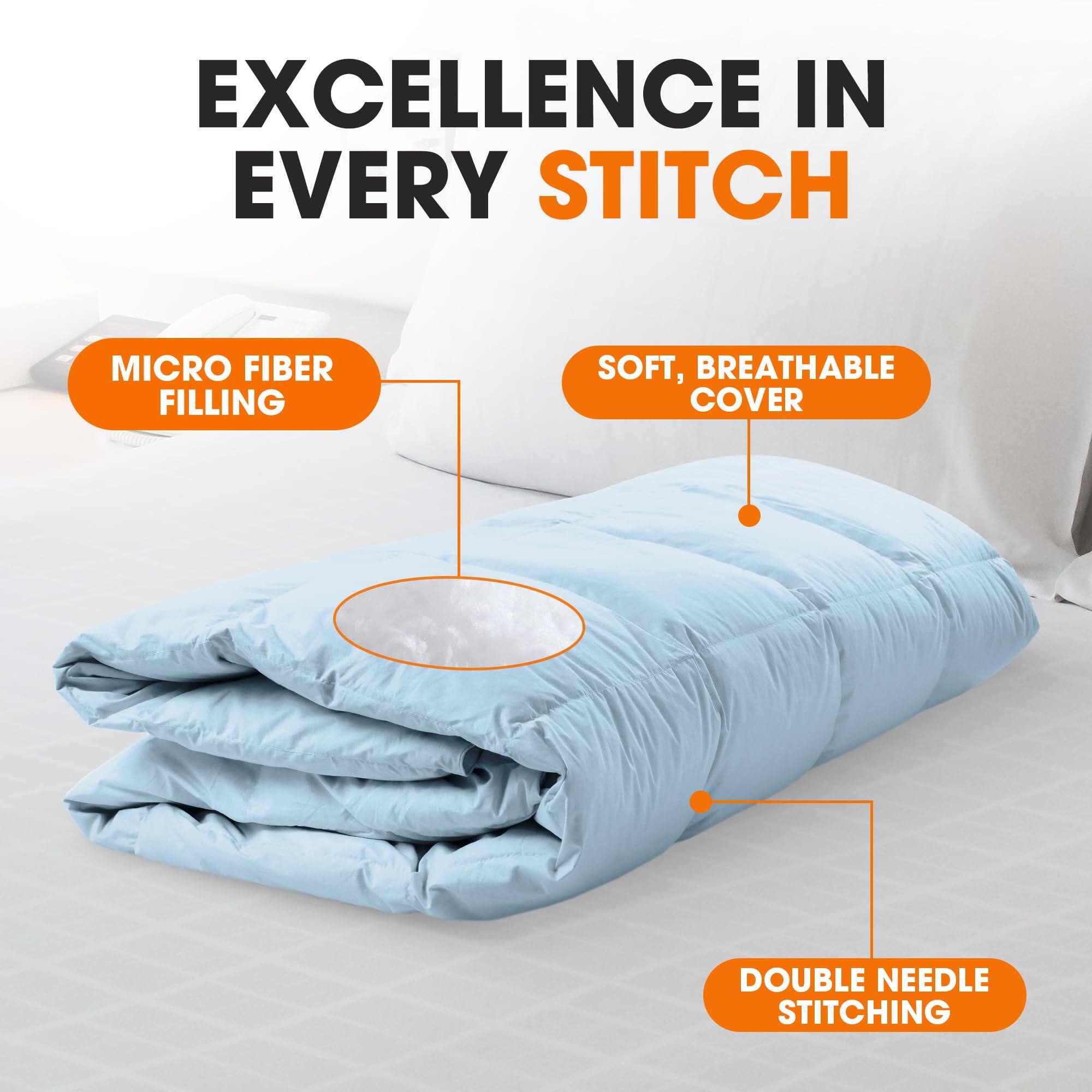EXCELLENCE IN EVERY STITCH

MICRO FIBER FILLING

SOFT, BREATHABLE COVER

DOUBLE NEEDLE STITCHING