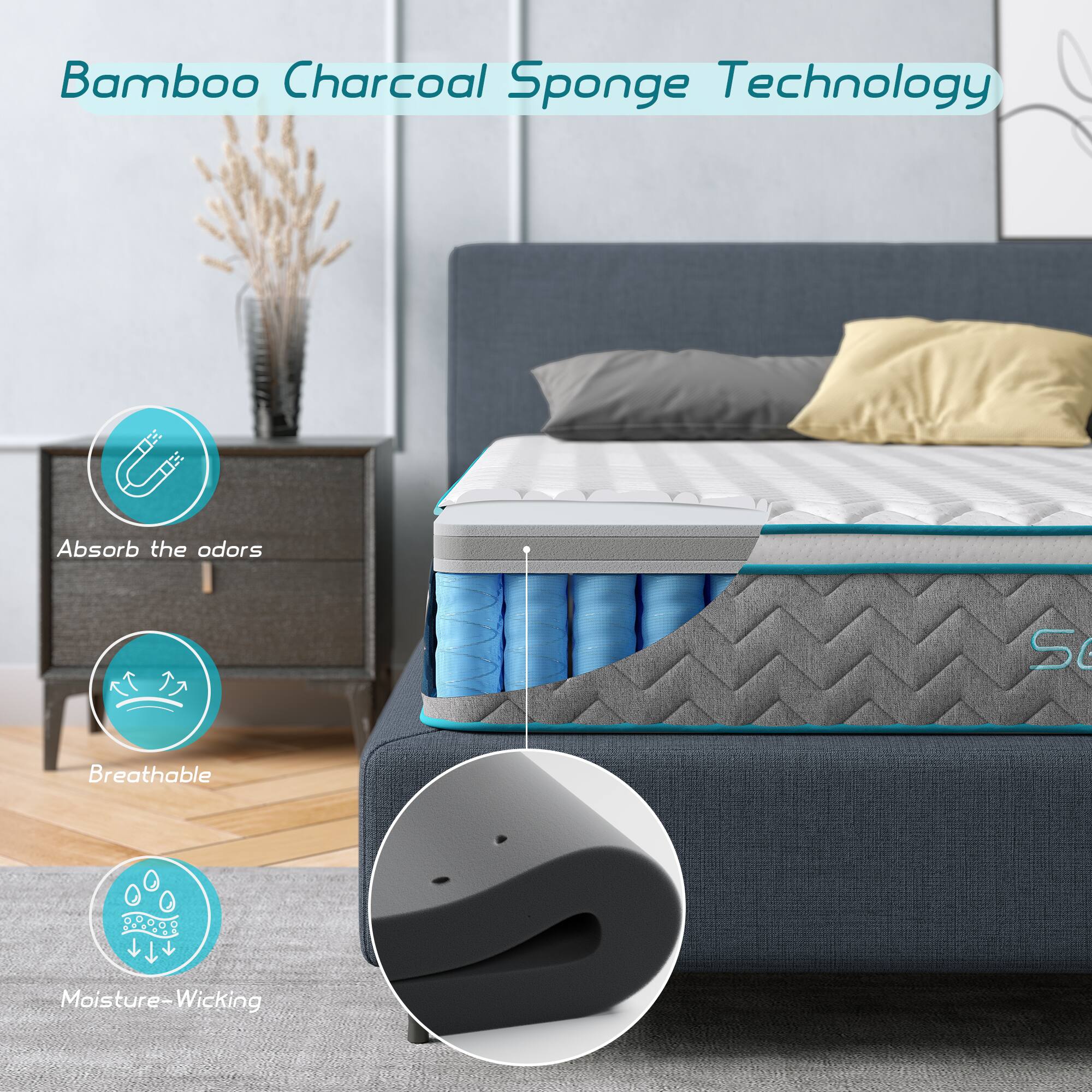 Bamboo Charcoal Sponge Technology

- Absorb the odors
- Breathable
- Moisture-Wicking