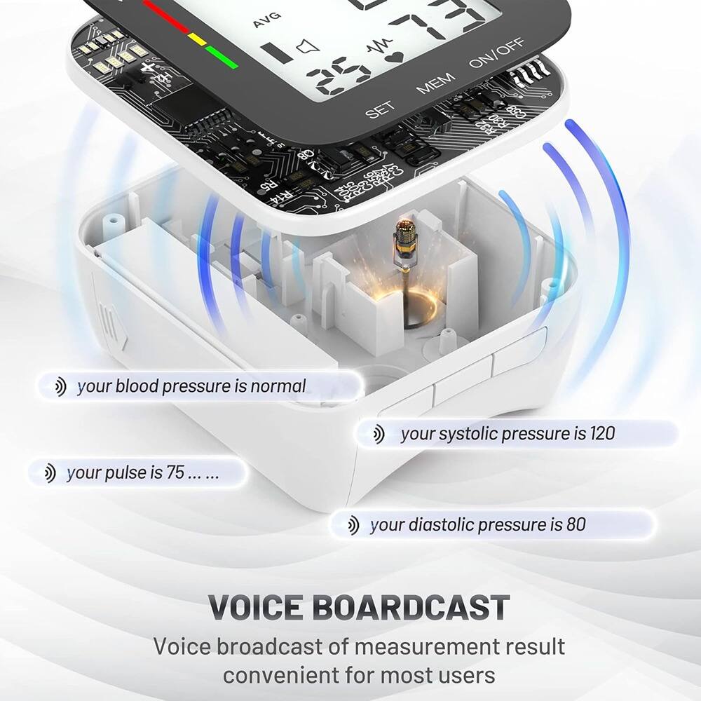 - AVG 7 I 4 5#7 25 w MEM ON/OFF ail SET Md R5 R14

- your blood pressure is normal

- your pulse is 75

- your systolic pressure is 120

- your diastolic pressure is 80

- VOICE BROADCAST

- Voice broadcast of measurement result convenient for most users