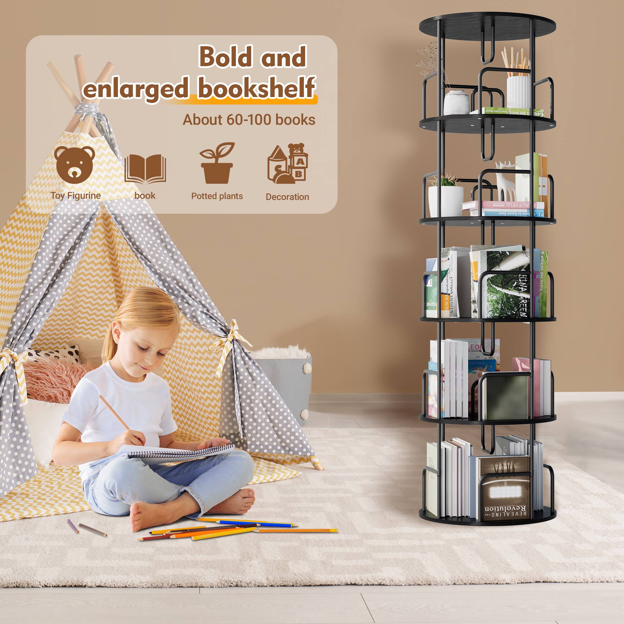 Z Edge 5 Tier Rotating Bookshelf, 360° Spinning Bookcase, Freestanding ...