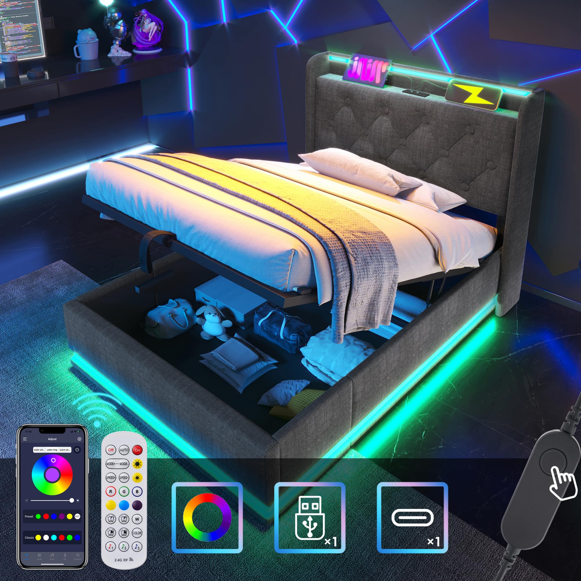 GOODSILO - Twin Size Upholstered Bed Frame with LED Lighting and Hydraulic Storage - Gray