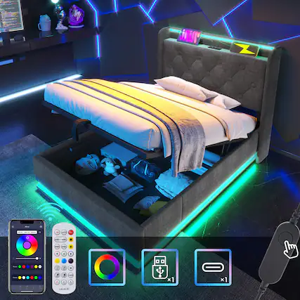 Front. GOODSILO - Twin Size Upholstered Bed Frame with LED Lighting and Hydraulic Storage - Gray.