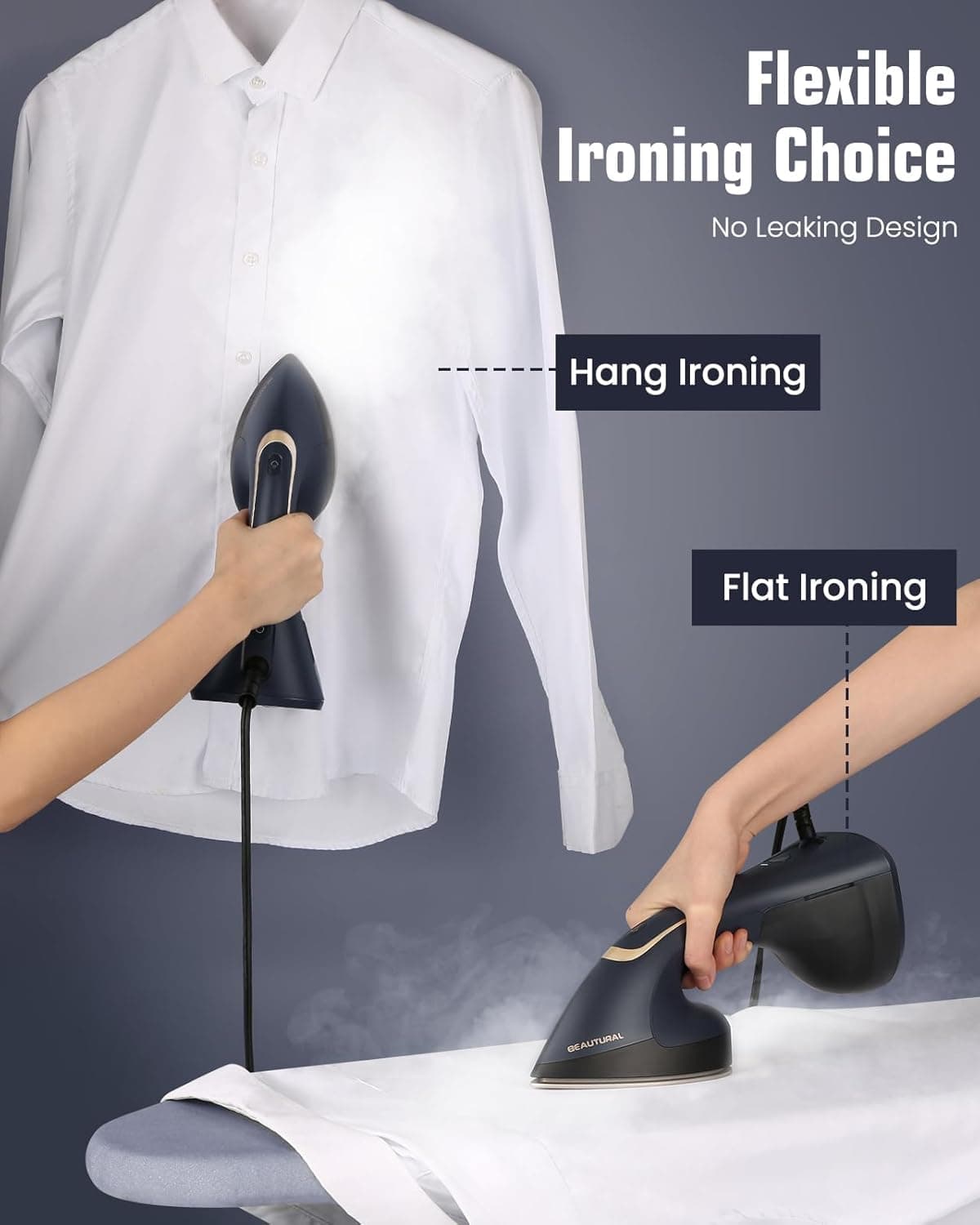 Flexible Ironing Choice  
No Leaking Design  
Hang Ironing  
Flat Ironing