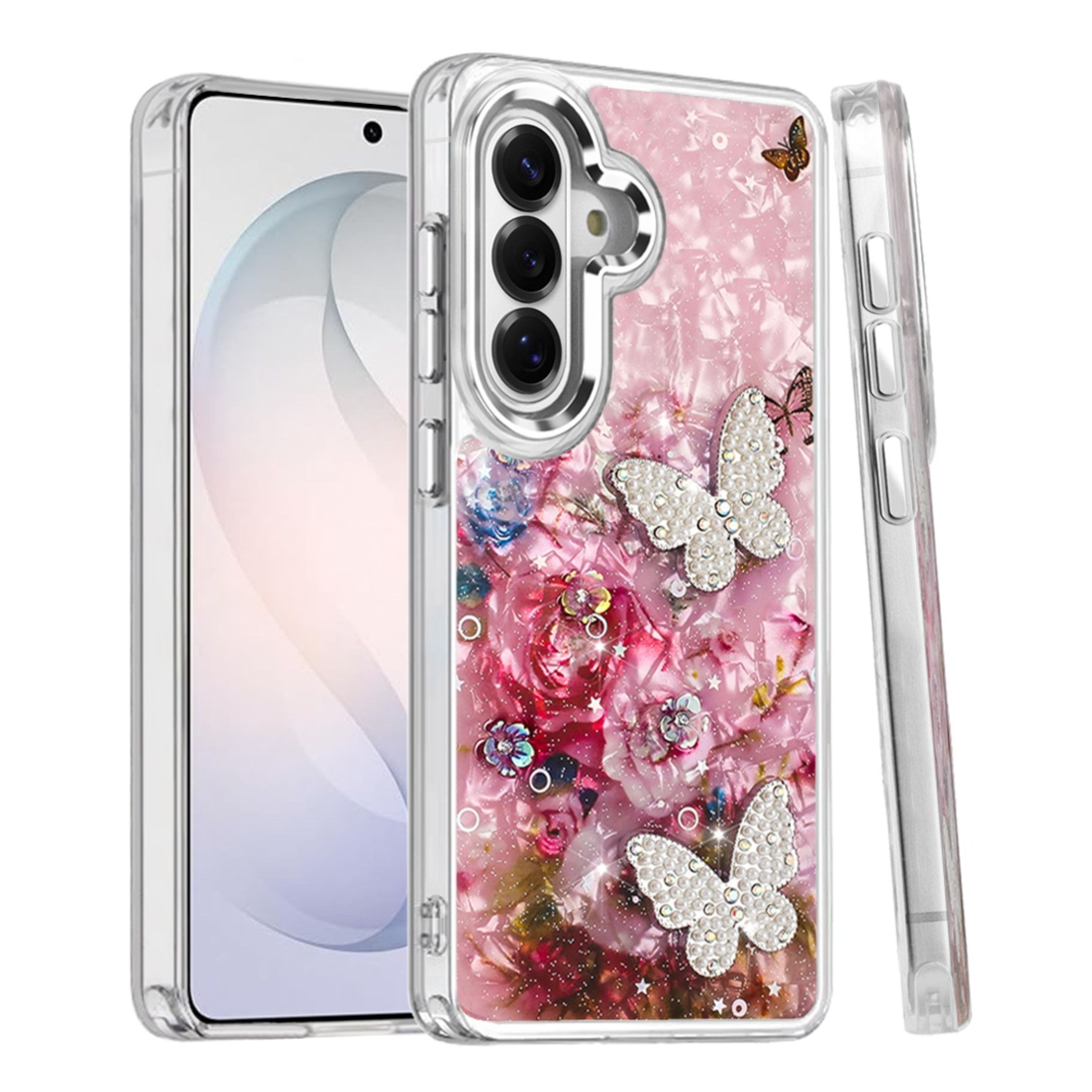 Kitcheniva - Epoxy Glitter 3D Beaded Butterflies Design Phone Case With Tempered Glass For Samsung Galaxy S26 Color B - Multicolor
