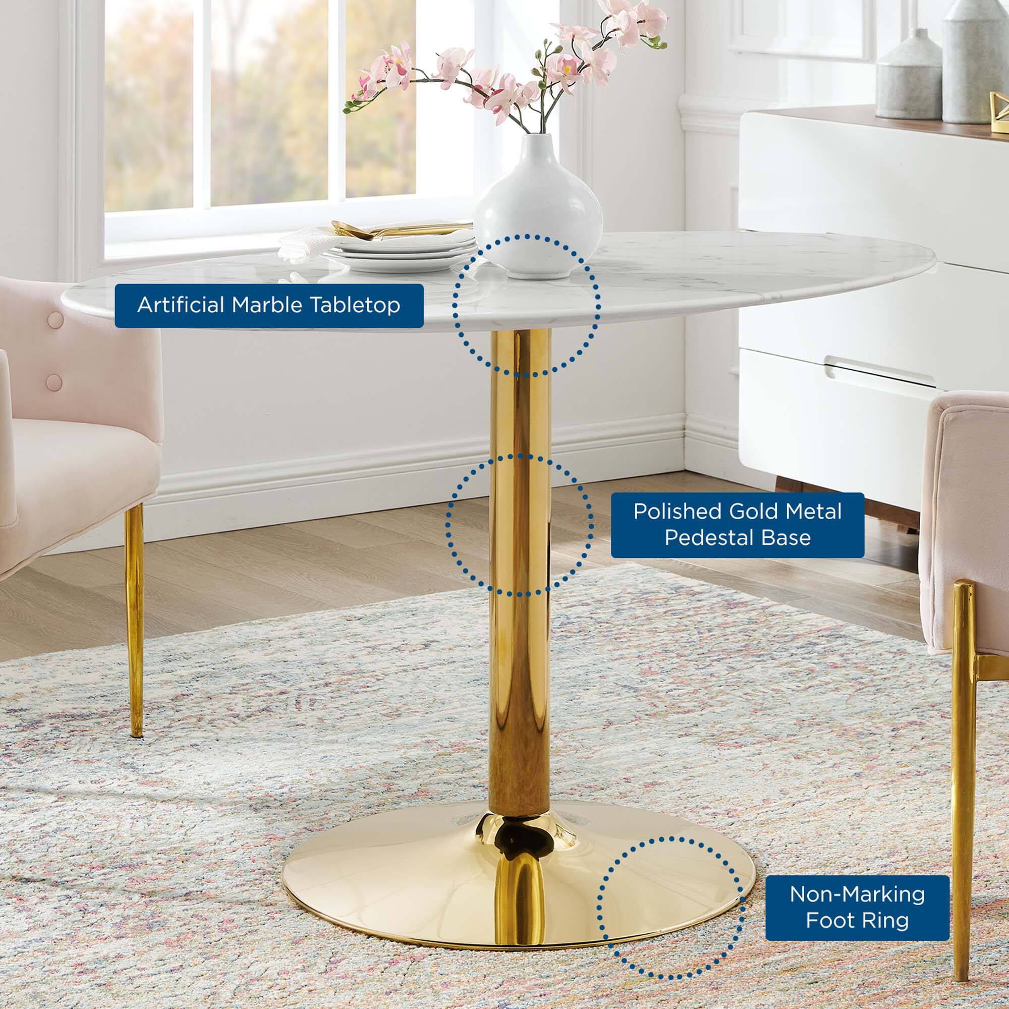 Artificial Marble Tabletop  
Polished Gold Metal Pedestal Base  
Non-Marking Foot Ring