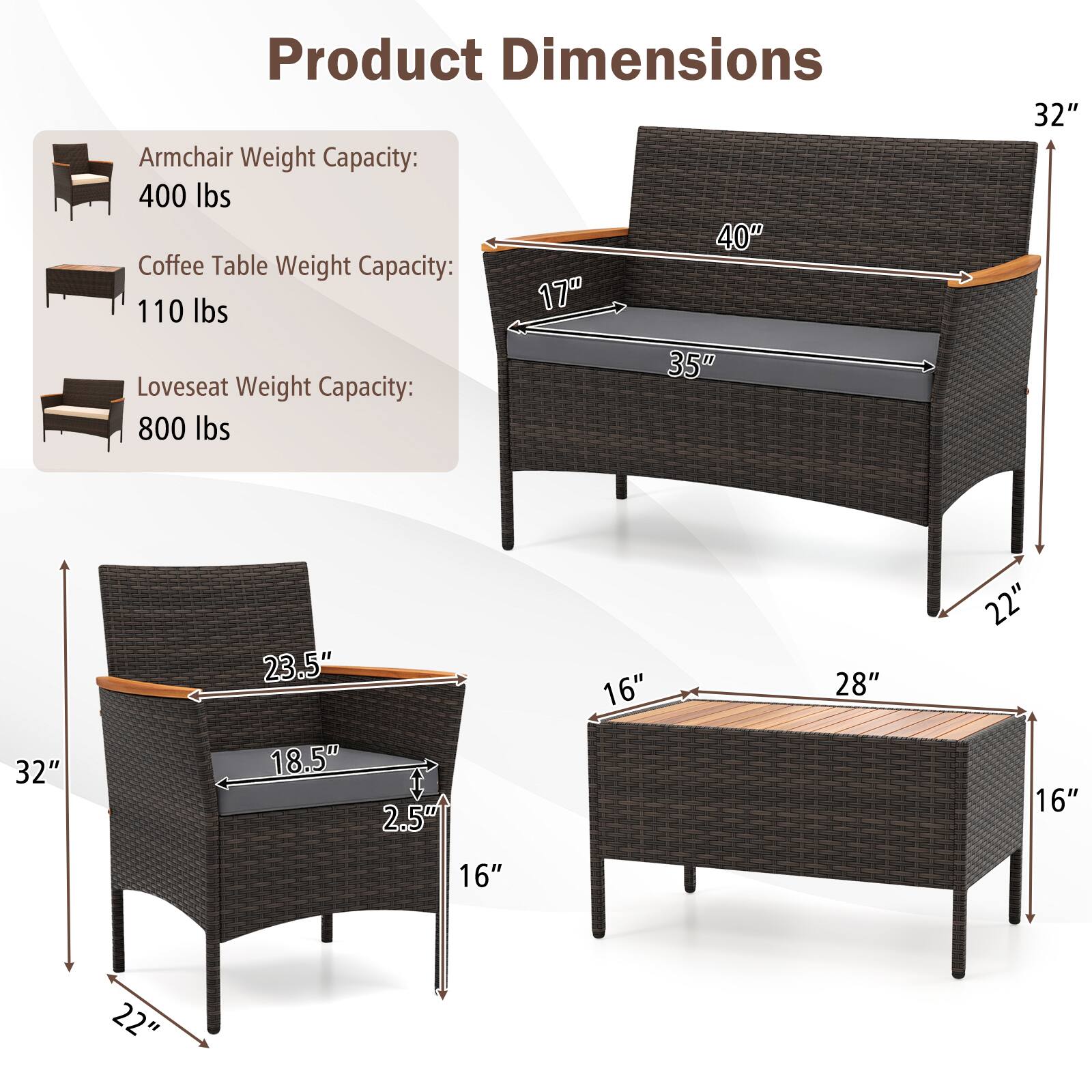 Product Dimensions

Armchair Weight Capacity: 400 lbs  
40" Coffee Table Weight Capacity: 110 lbs  
17" 35" Loveseat Weight Capacity: 800 lbs  
32" 32" 23.5" 18.5" 2.5" 16" 28" 22" 16" 16" 22"