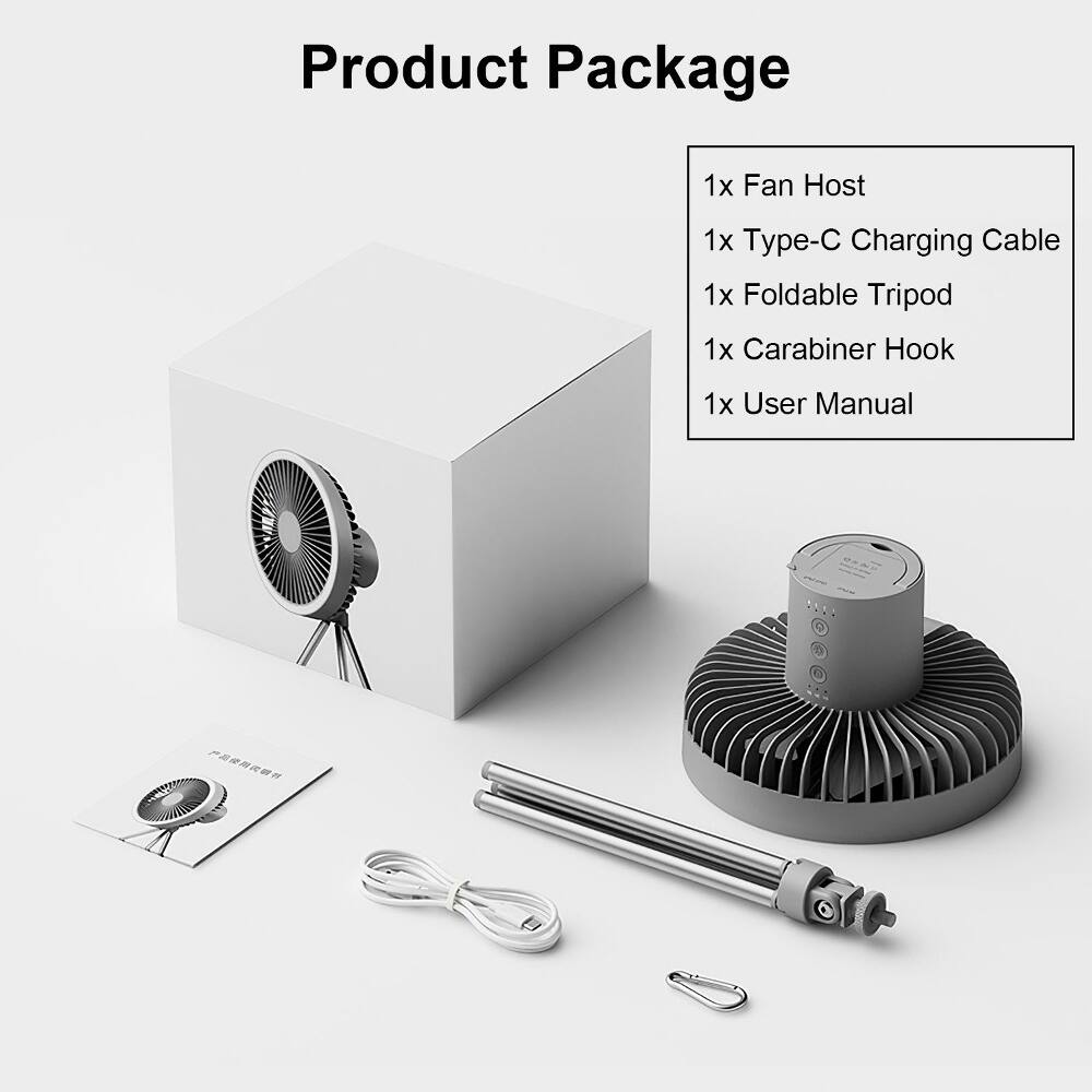 Product Package

1x Fan Host  
1x Type-C Charging Cable  
1x Foldable Tripod  
1x Carabiner Hook  
1x User Manual