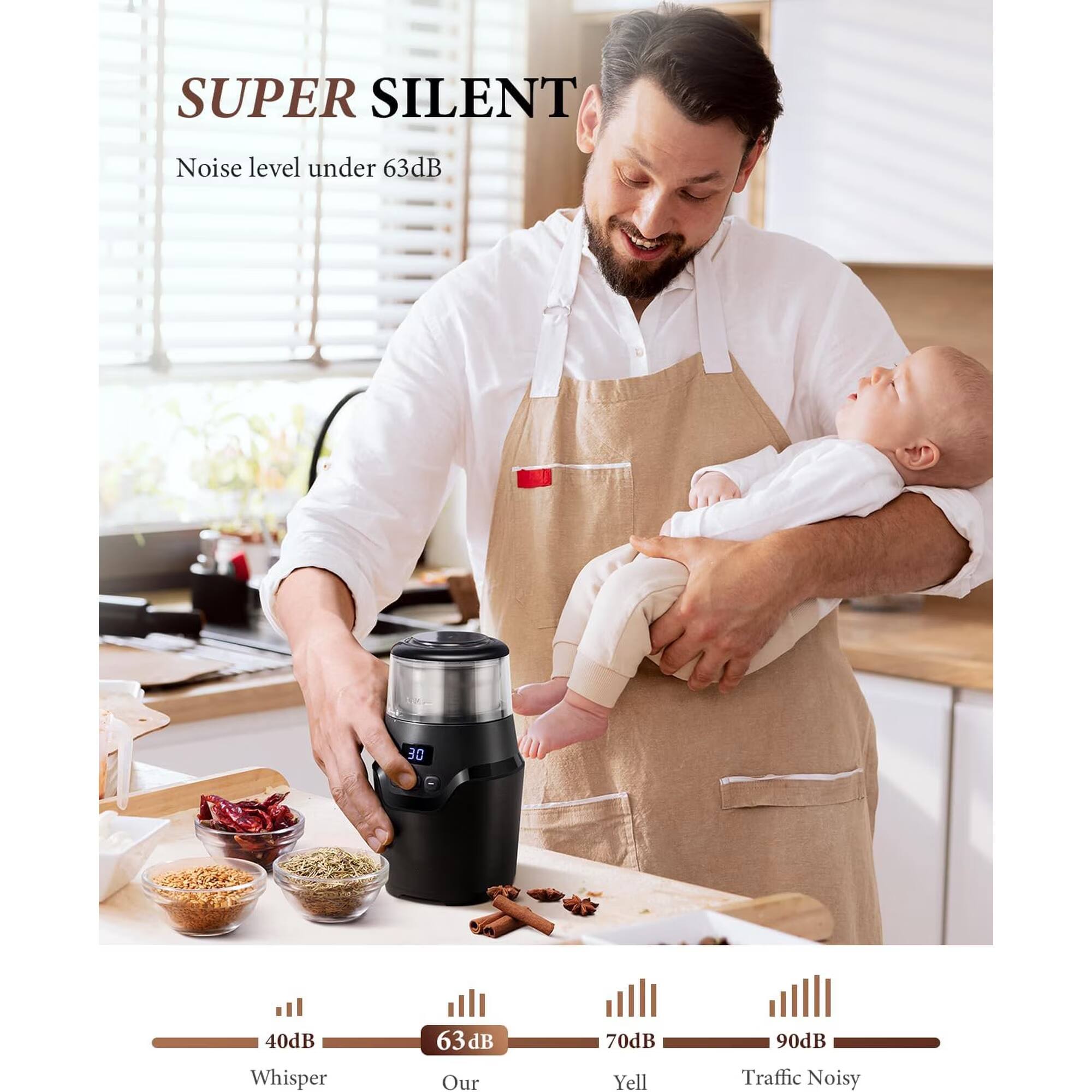 SUPER SILENT  
Noise level under 63dB

40dB Whisper  
63dB Our  
70dB Yell  
90dB Traffic Noisy