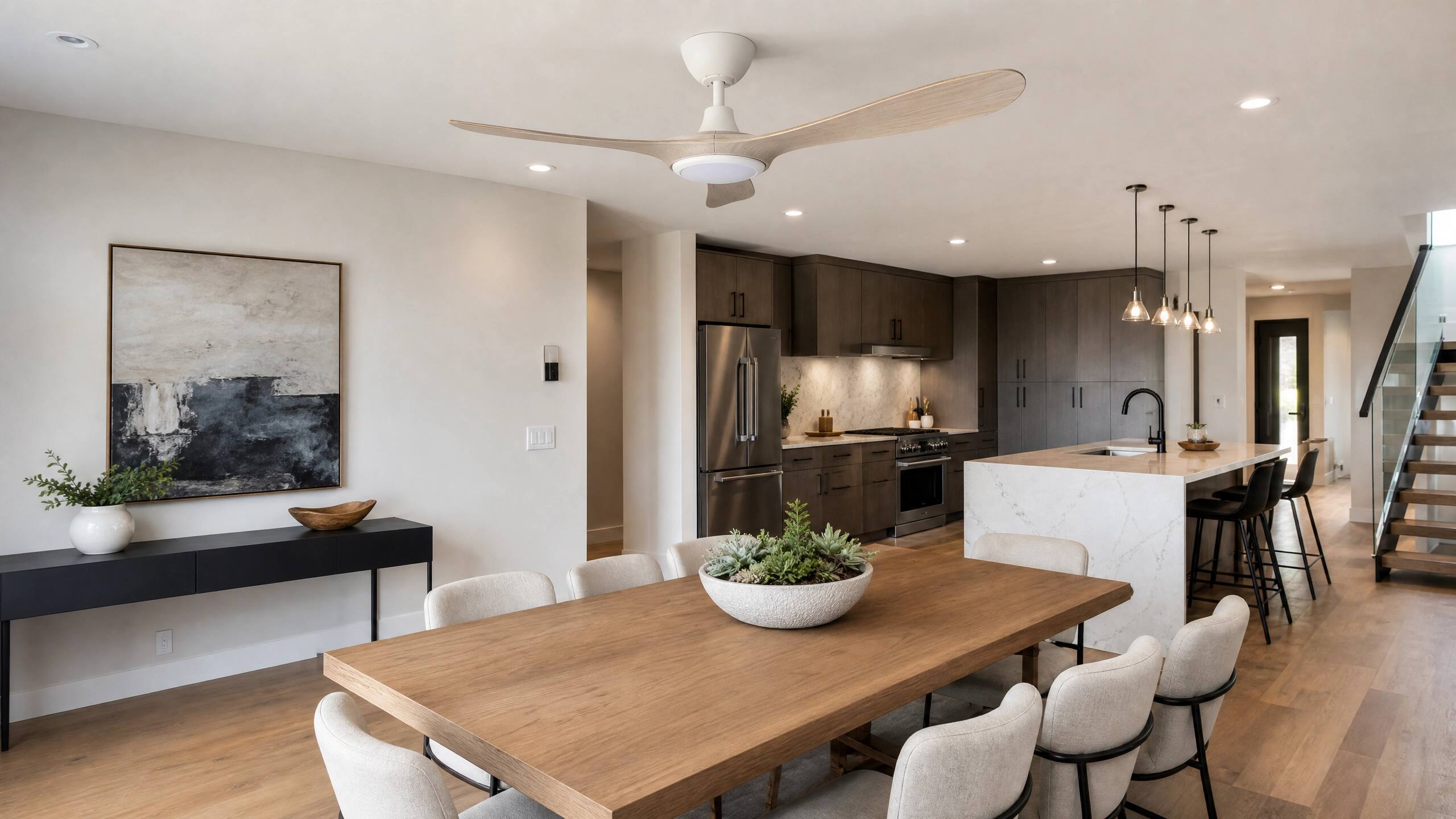 Left. ENLIGHT - 60" Smart Ceiling Fan, IP66 Outdoor/Coastal, CCT & Dimmable LED, Durable, Efficient, Quiet DC Motor, Matter, 3 Blades - White Oak Woodgrain.
