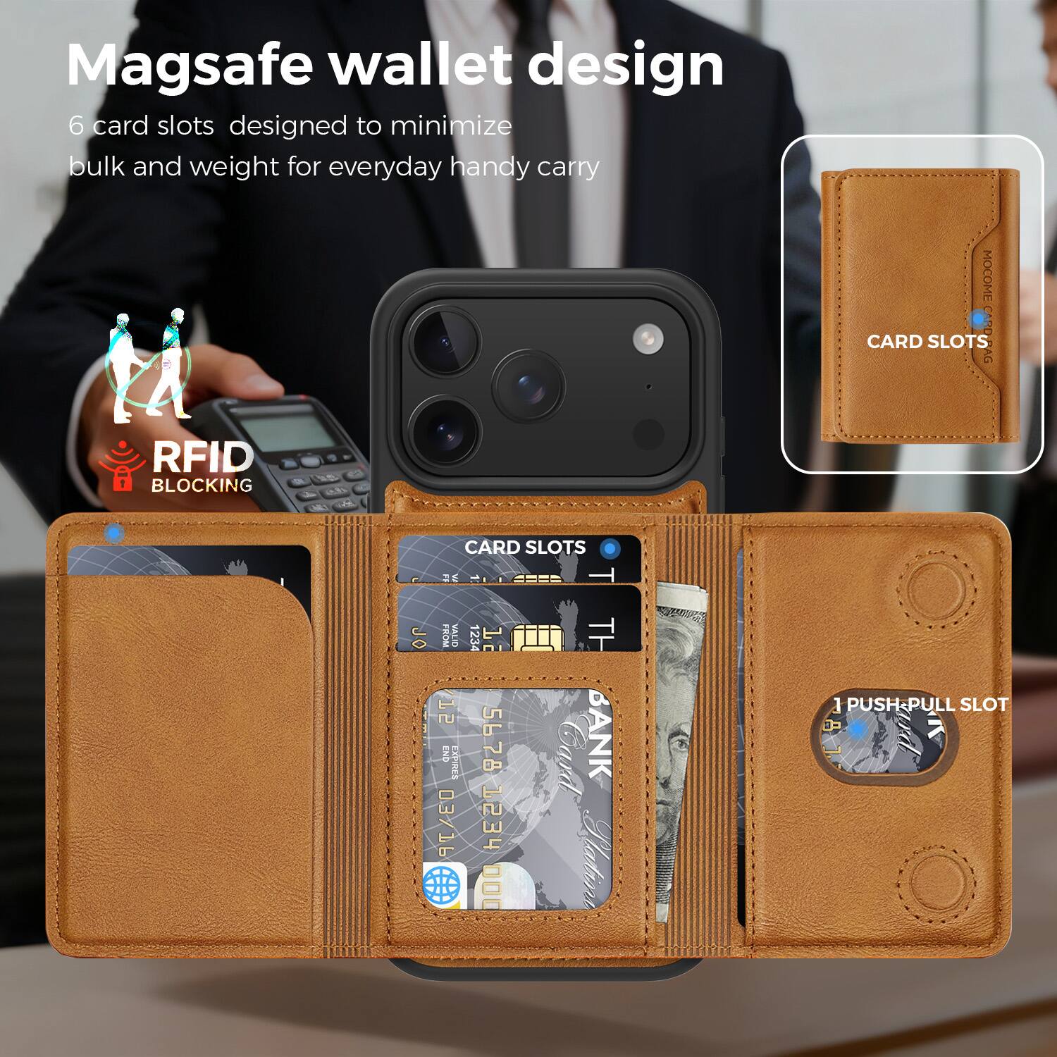 Magsafe wallet design

6 card slots designed to minimize bulk and weight for everyday handy carry

RFID BLOCKING

CARD SLOTS

1 PUSH&PULL SLOT