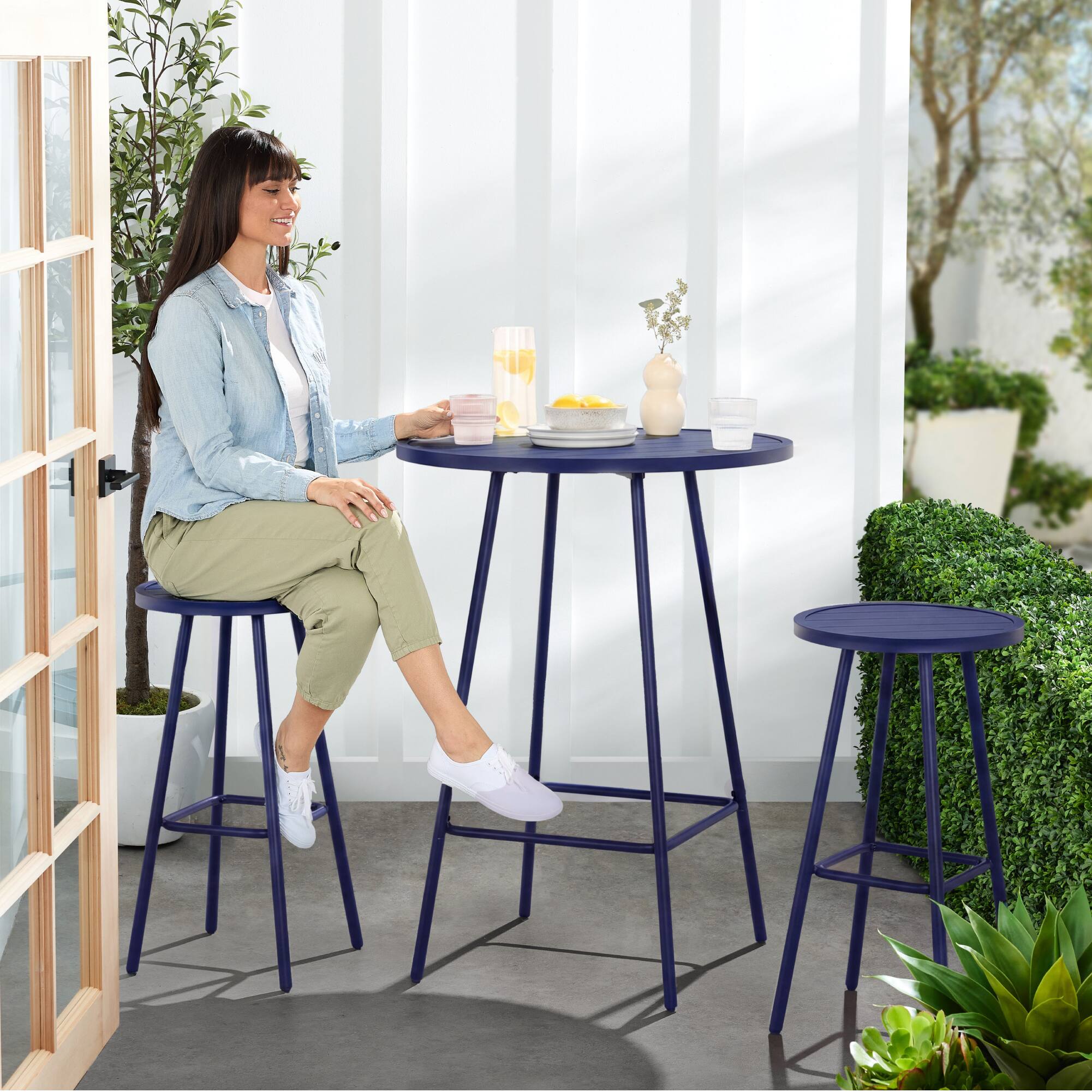 Alt View 8. Best Choice Products - Best Choice Products 3-Piece Steel Patio Bar Height Round Bistro Set w/ Backless Stools, Slatted Design - Navy - Navy.