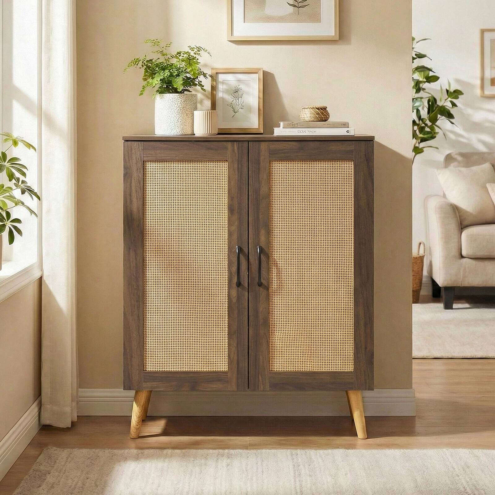 Alt View 4. Costway - Costway Rattan Shoe Cabinet with 3 Removable Shelves,5-Tier Narrow Cabinet Wood Legs - Walnut.