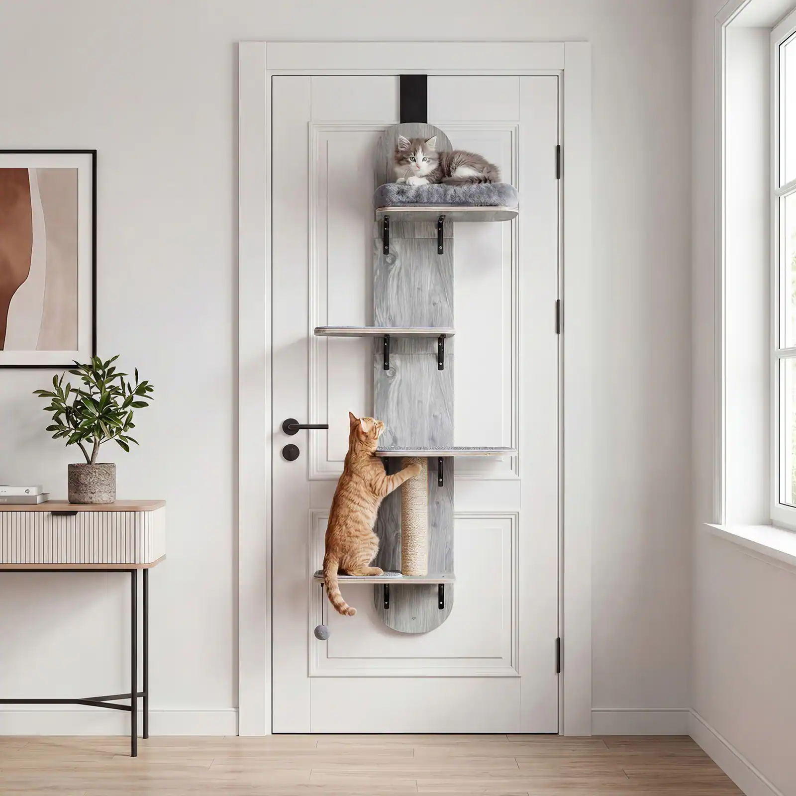 Alt View 1. Gymax - Gymax Door Hanging Cat Climber w/Plush Bed Scratching Post Carpeted Jumping Platforms Grey.