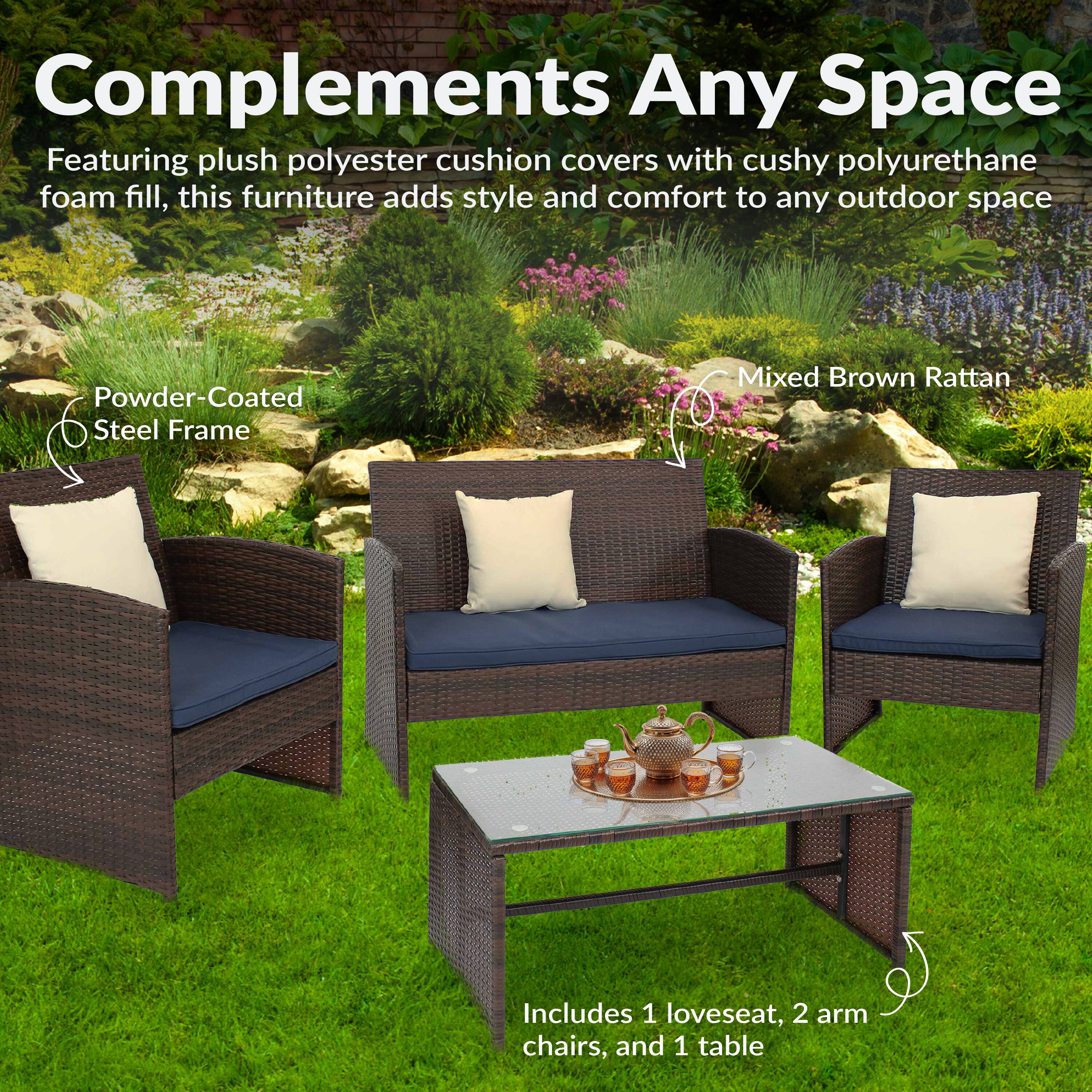 Complements Any Space

Featuring plush polyester cushion covers with cushy polyurethane foam fill, this furniture adds style and comfort to any outdoor space.

- Powder-Coated Steel Frame
- Mixed Brown Rattan

Includes 1 loveseat, 2 arm chairs, and 1 table