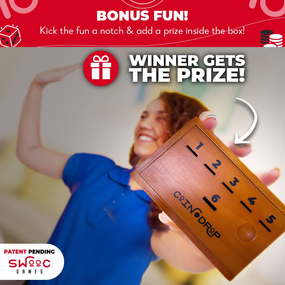 BONUS FUN!  
Kick the fun a notch & add a prize inside the box!  

WINNER GETS THE PRIZE!  

PATENT PENDING  
SWOOC GAMES  

CATCHDROP