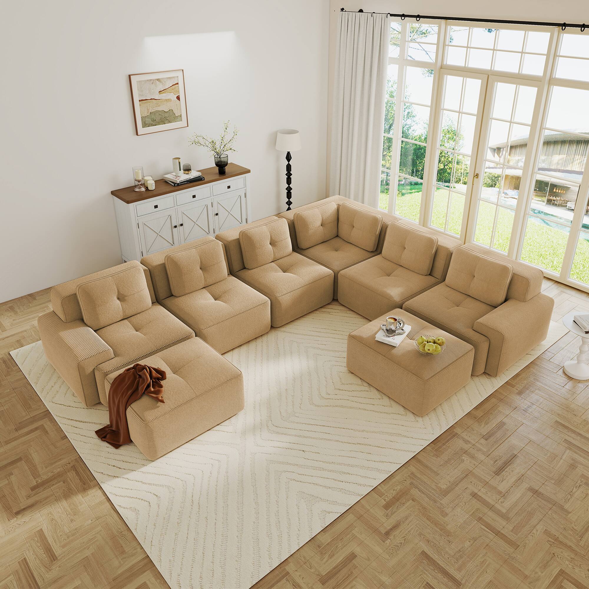 Front. LOVMOR - 6 Seater Corduroy Sectional Couch V Shaped Modular Storage Ottoman No Assembly Compressed Pack Tufted For Soft - Camel.