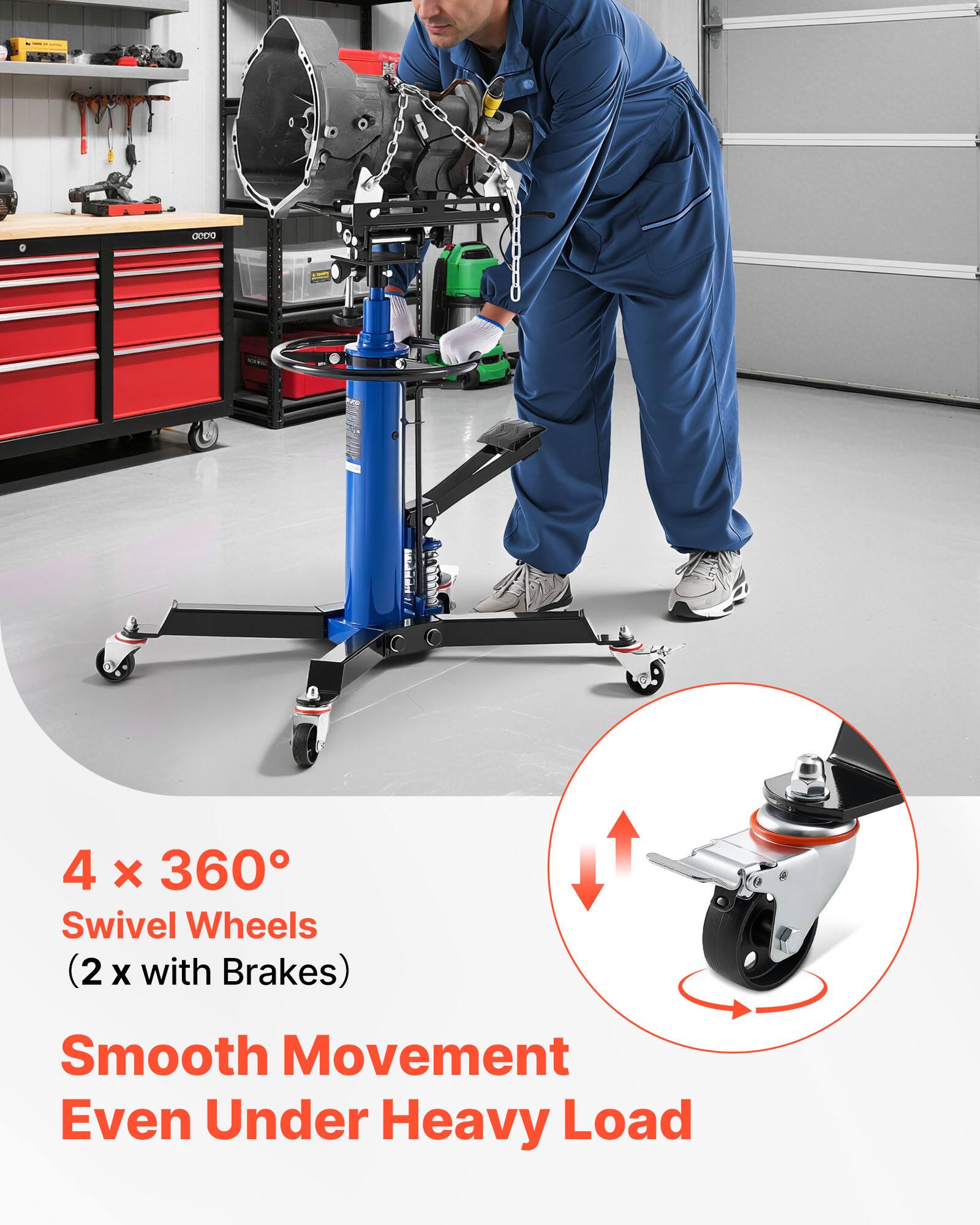4 x 360° Swivel Wheels (2 x with Brakes)  
Smooth Movement Even Under Heavy Load