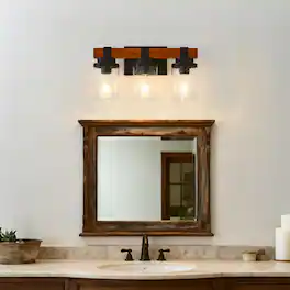 LUCKY ONE - 3-Light Matte Black Wood Wall Lamp, Glass Shade Sconce for Bathroom or Bedroom Wall Mount - Matte Black,Wood