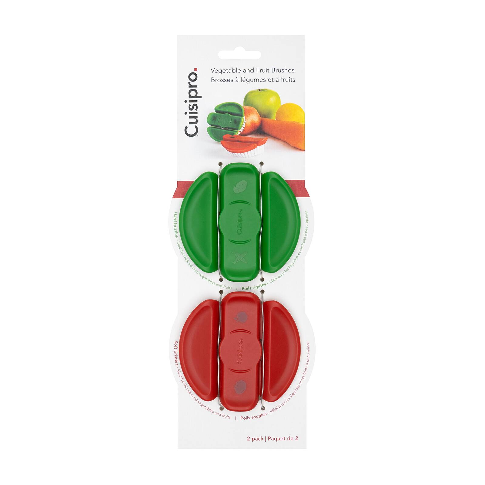 Vegetable and Fruit Brushes  
Brosses à légumes et à fruits  
Cuisipro  

Hard bristles - ideal for skinned vegetables  
Pols rigides - idéal pour les légumes épluchés  

Soft bristles - ideal for skinned vegetables and fruits  
Pols souples - idéal pour les légumes et fruits épluchés  

2 pack | Paquet de 2