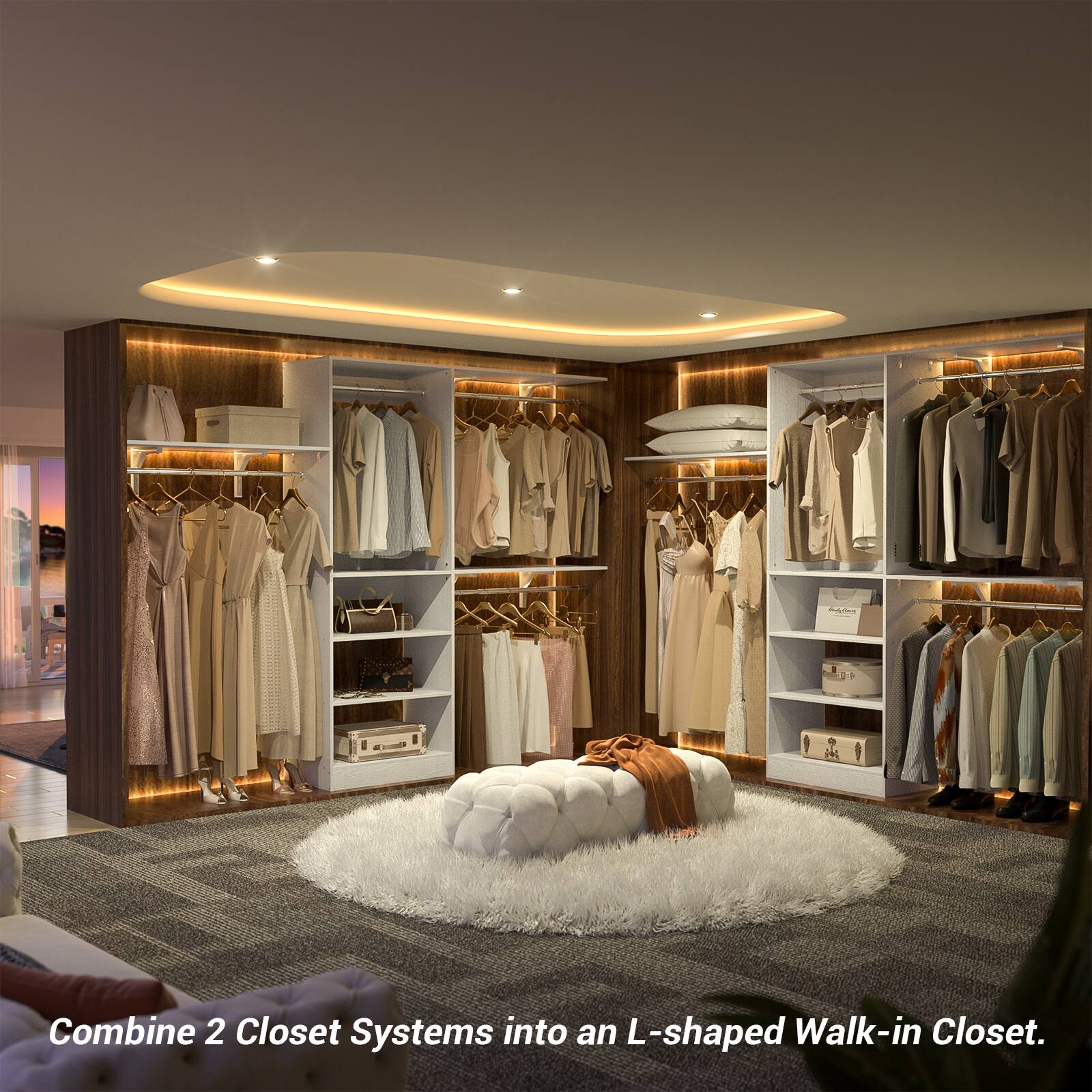 Combine 2 Closet Systems into an L-shaped Walk-in Closet.