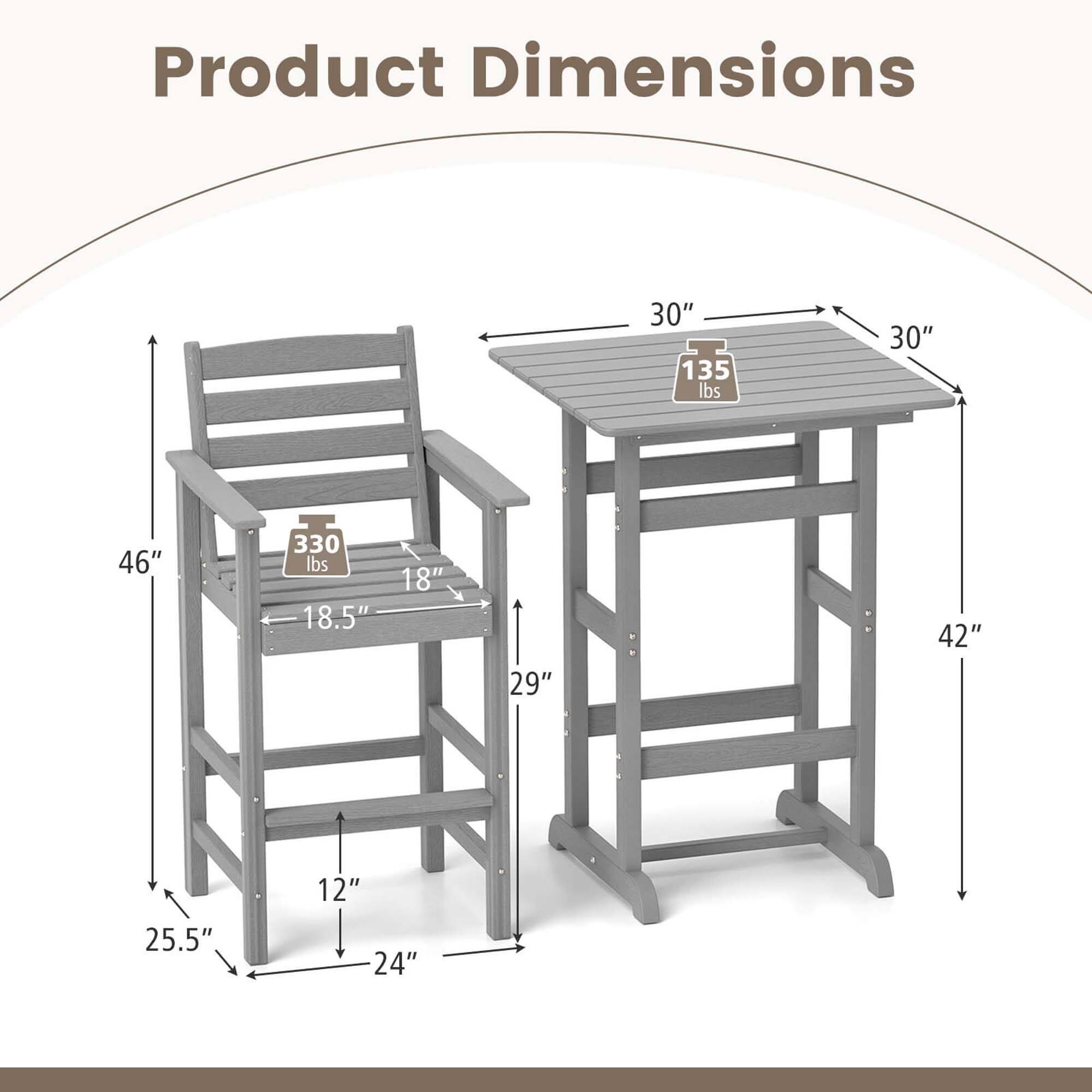 Product Dimensions

- Table: 30" x 30" (135 lbs)
- Stool: 18.5" x 29" (330 lbs)
- Table Height: 42"
- Stool Height: 24"
- Stool Seat Height: 12"
- Stool Back Height: 25.5"
- Stool Armrest Height: 46"