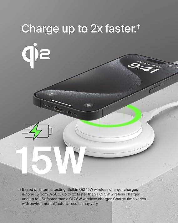 Charge up to 2x faster.†

Belkin Qi2 15W wireless charger charges iPhone 15 from 0-50% up to 2x faster than a Qi 5W wireless charger and up to 1.5x faster than a Qi 7.5W wireless charger. Charge time varies with environmental factors; results may vary.

†Based on internal testing. Belkin Qi2 15W wireless charger charges iPhone 15 from 0-50% up to 2x faster than a Qi 5W wireless charger and up to 1.5x faster than a Qi 7.5W wireless charger. Charge time varies with environmental factors; results may vary.