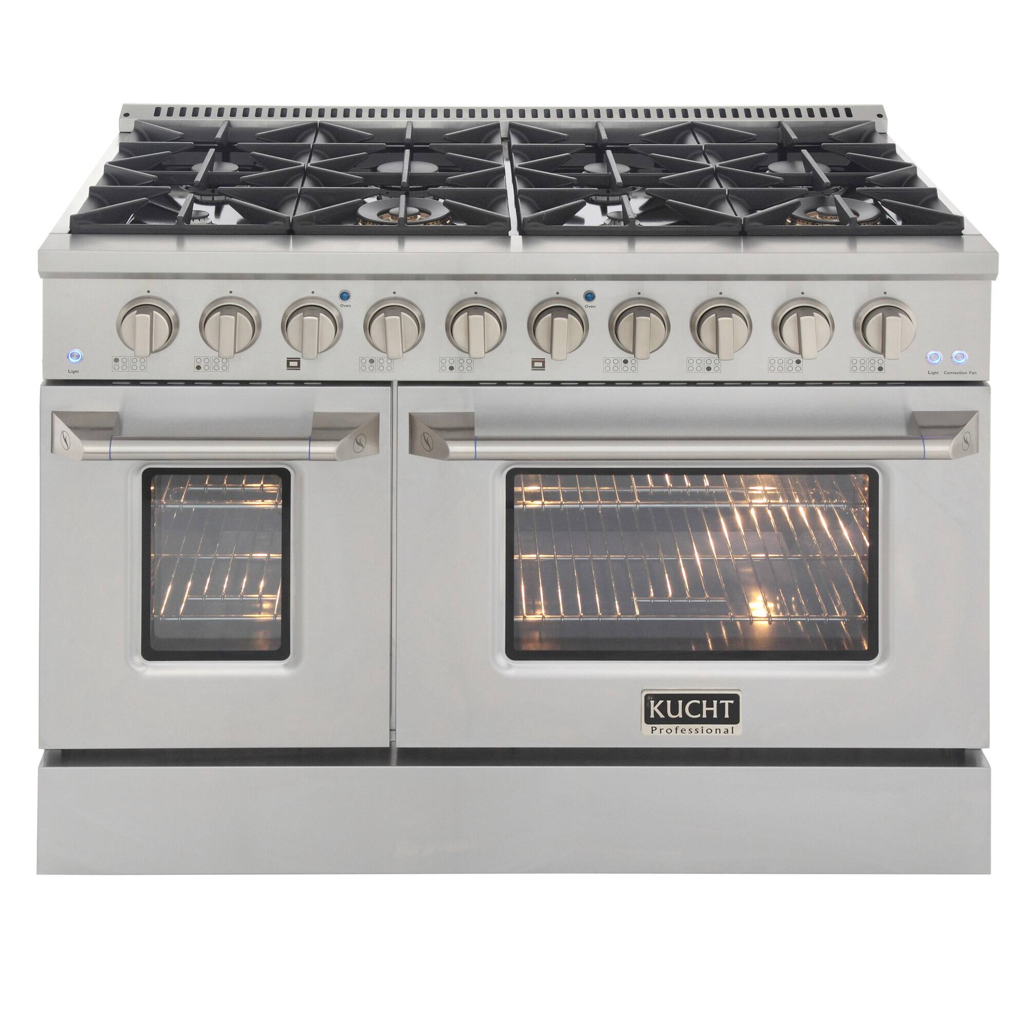 Kucht - 48" Dual Fuel Range for NG, SS/Gold Handle, Rings & Knobs, Sealed Burners, 2 Ovens (1 Convection) - Stainless Steel & Gold