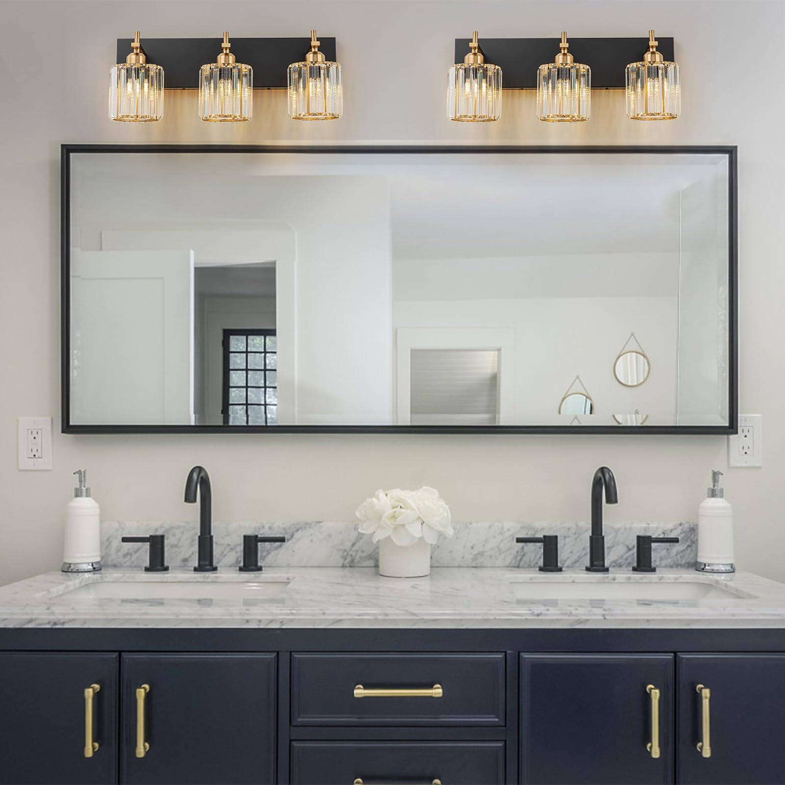 Alt View 4. Earthley Blooms - Modern Crystal Bathroom Vanity Lights 3-lights Light Fixtures Over Mirror Wall Lighting With Polished Fin... - Black Gold-Square Shade-6-Light.