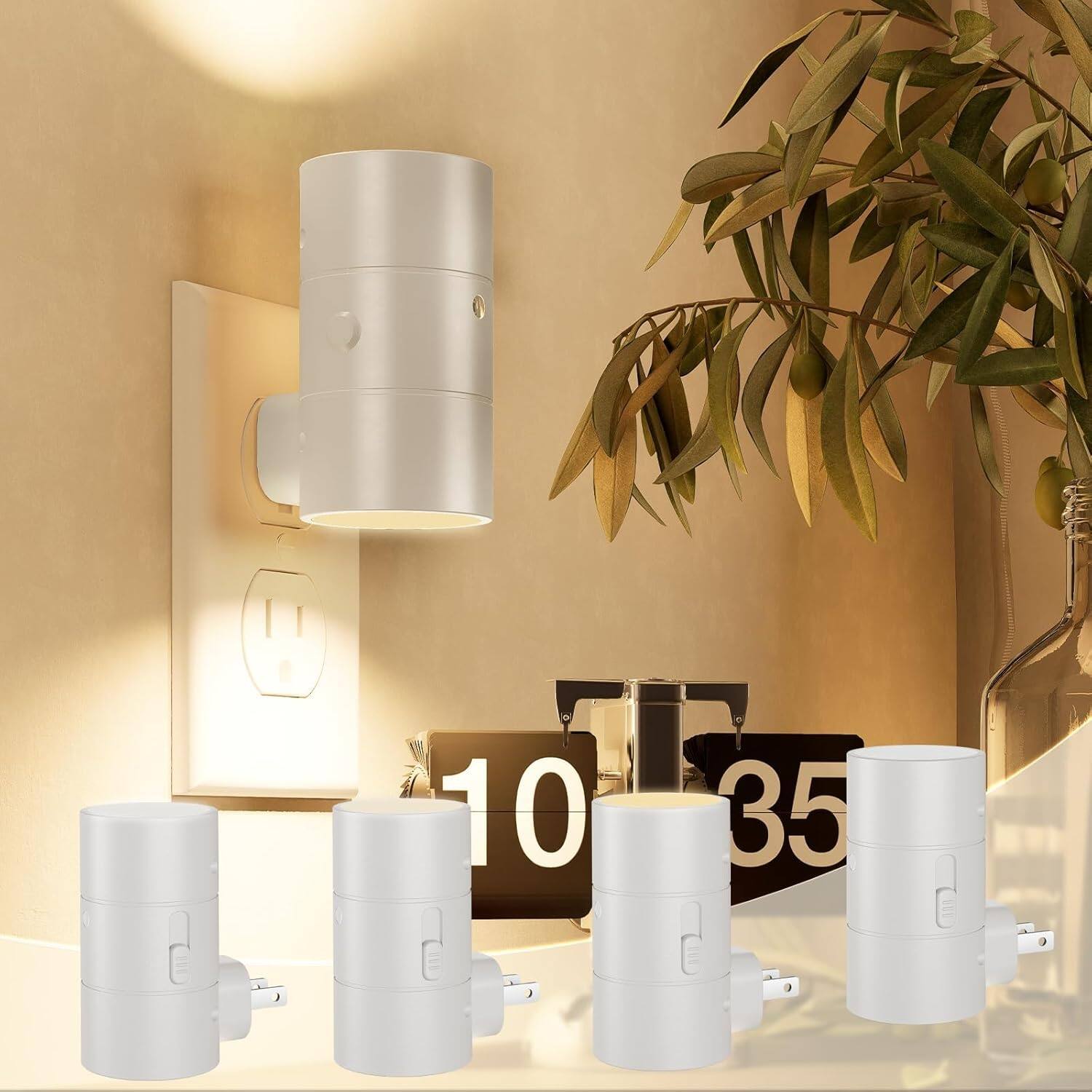 FINEAK - Night Lights Plug into Wall 4 Pack, Dimmable with 3 Color Modes & Auto On/Off Sensor - White