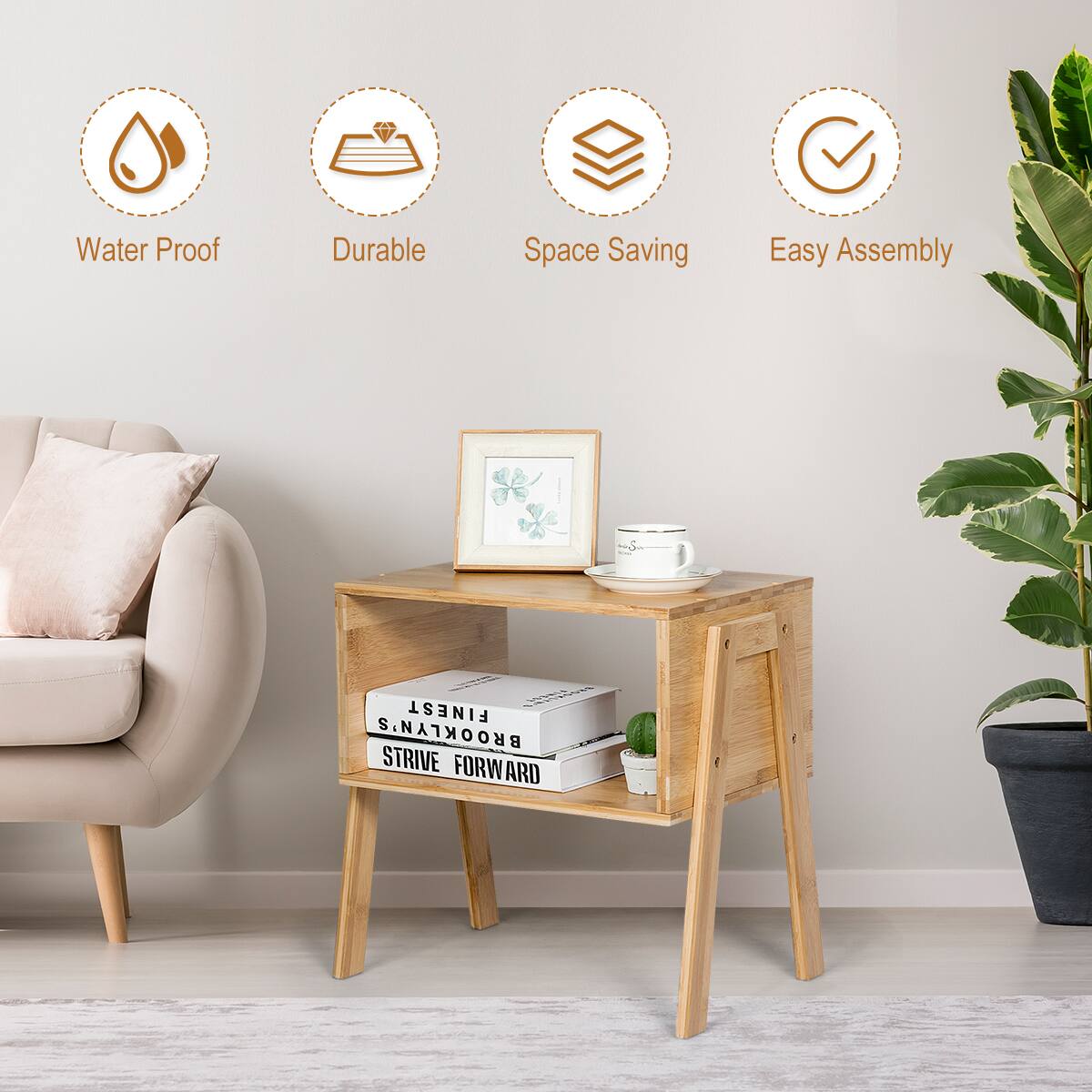 The text on the image reads: Water Proof Durable Space Saving Easy Assembly.