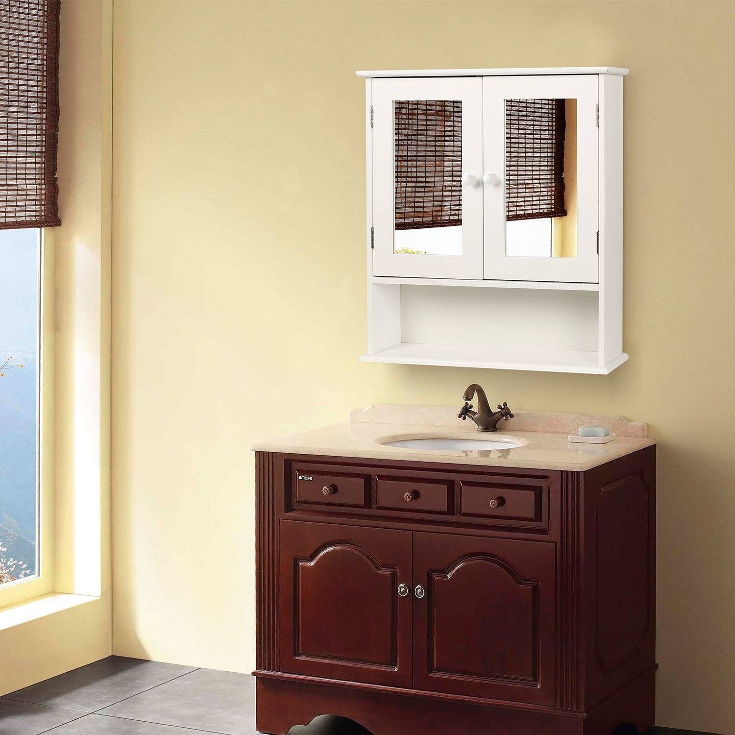 Back. Hivvago - White 2-Door Mirrored Medicine Cabinet with Open Shelf - White.