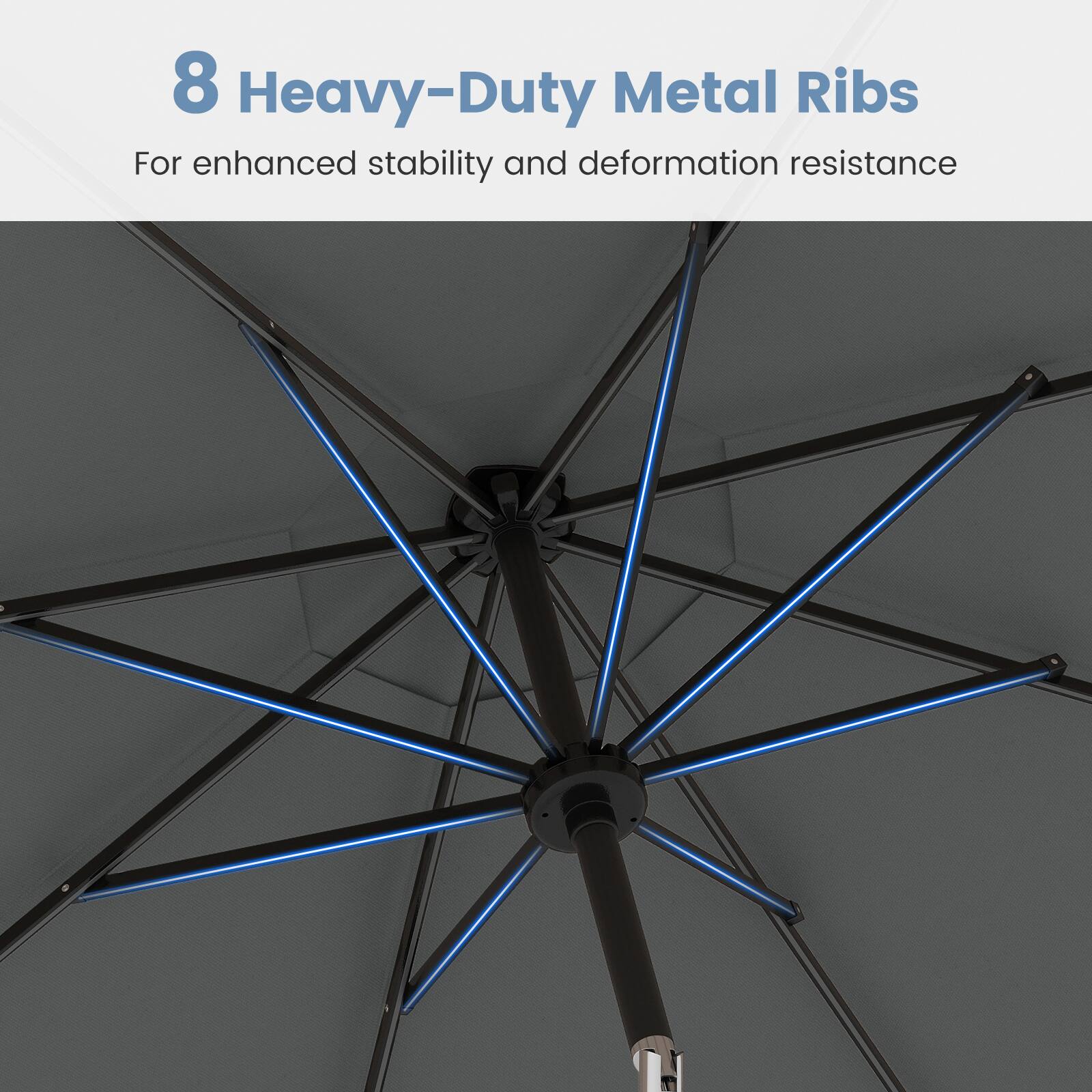 8 Heavy-Duty Metal Ribs  
For enhanced stability and deformation resistance