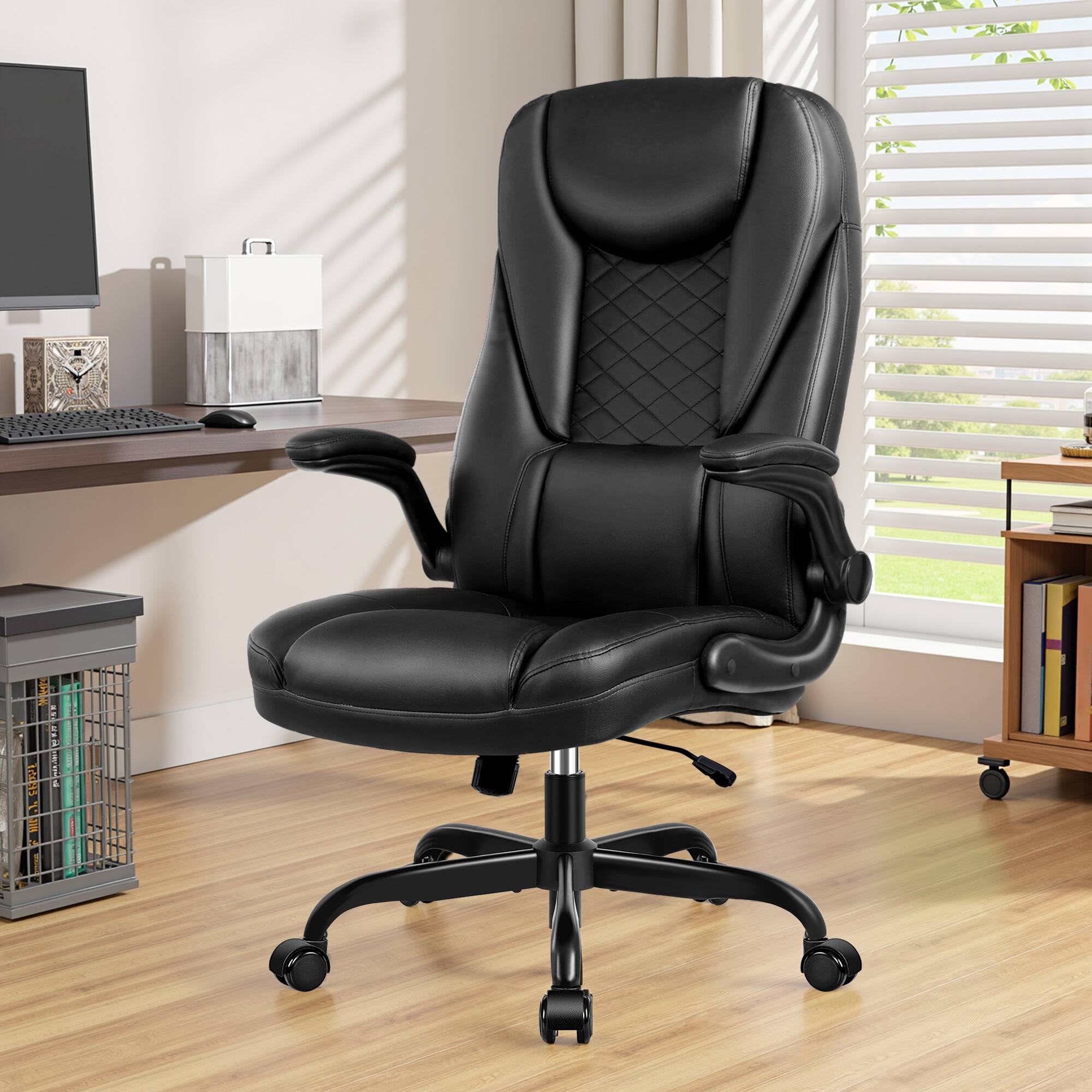 KERDOM - Ergonomic PU Leather Chair with Flip-Up Arms, Executive Manager Chair, High Back Home Office Desk Chair Computer Chair - Black