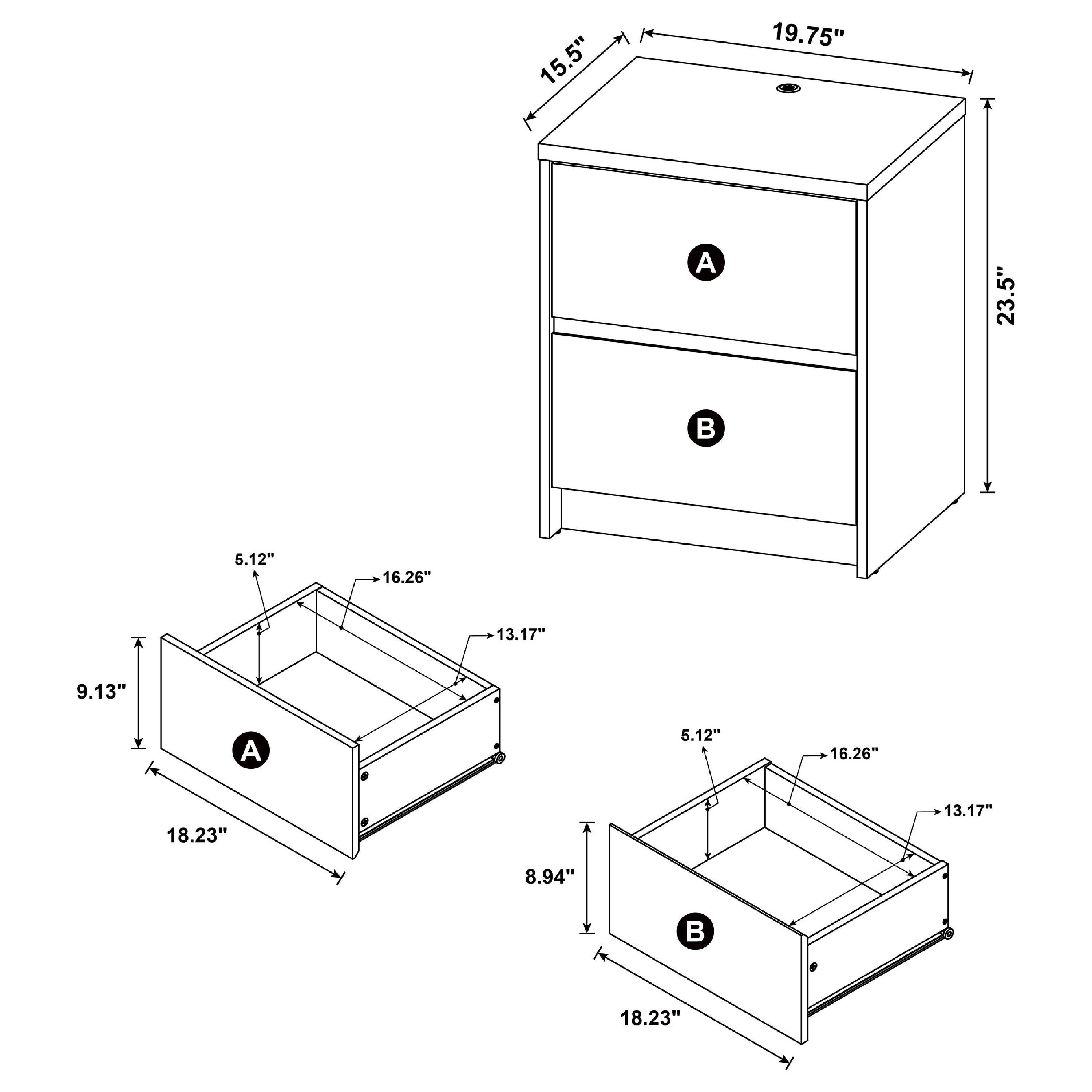 15.5" x 19.75" x 23.5"  
A: 5.12" x 16.26" x 13.17" x 9.13"  
B: 5.12" x 16.26" x 18.23" x 8.94"