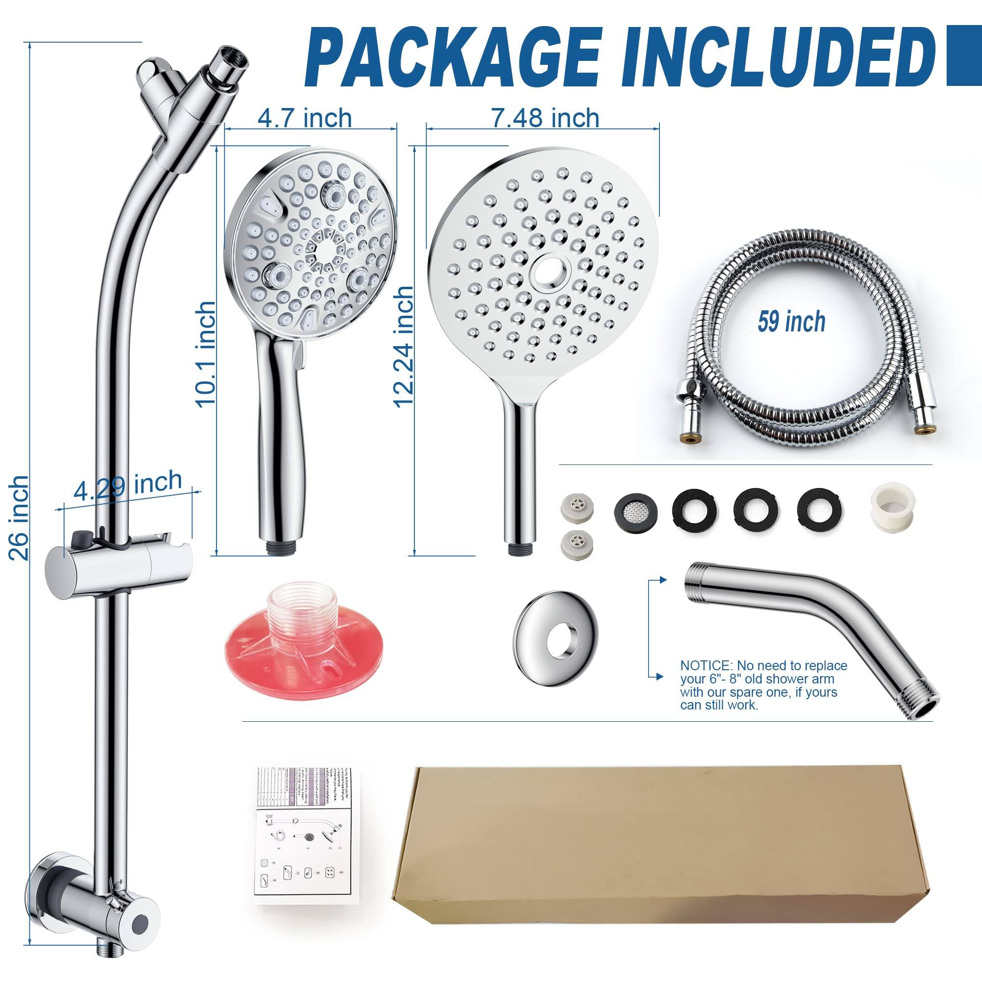 PACKAGE INCLUDED

- 4.7 inch
- 7.48 inch
- 10.1 inch
- 12.24 inch
- 59 inch
- 26 inch
- 4.29 inch

NOTICE: No need to replace your 6-8 old shower arm with our spare one, if yours can still work.