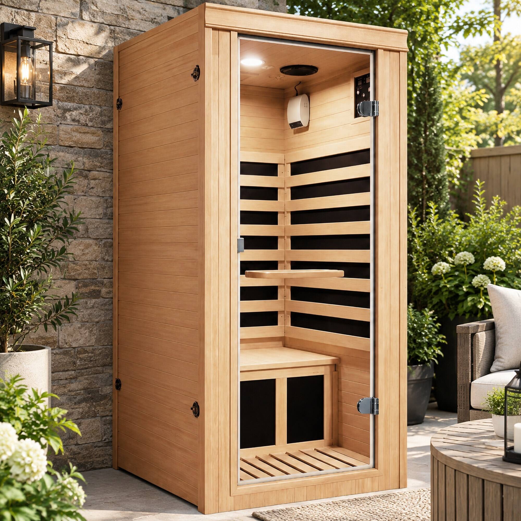 Left. RYHNUYNE - 1020W Canadian Hemlock Mini Far Infrared Sauna, Single Seat, 73 cm x 63 cm x 150 cm Interior, Epoxy Heating Board - Ameican White Oak.