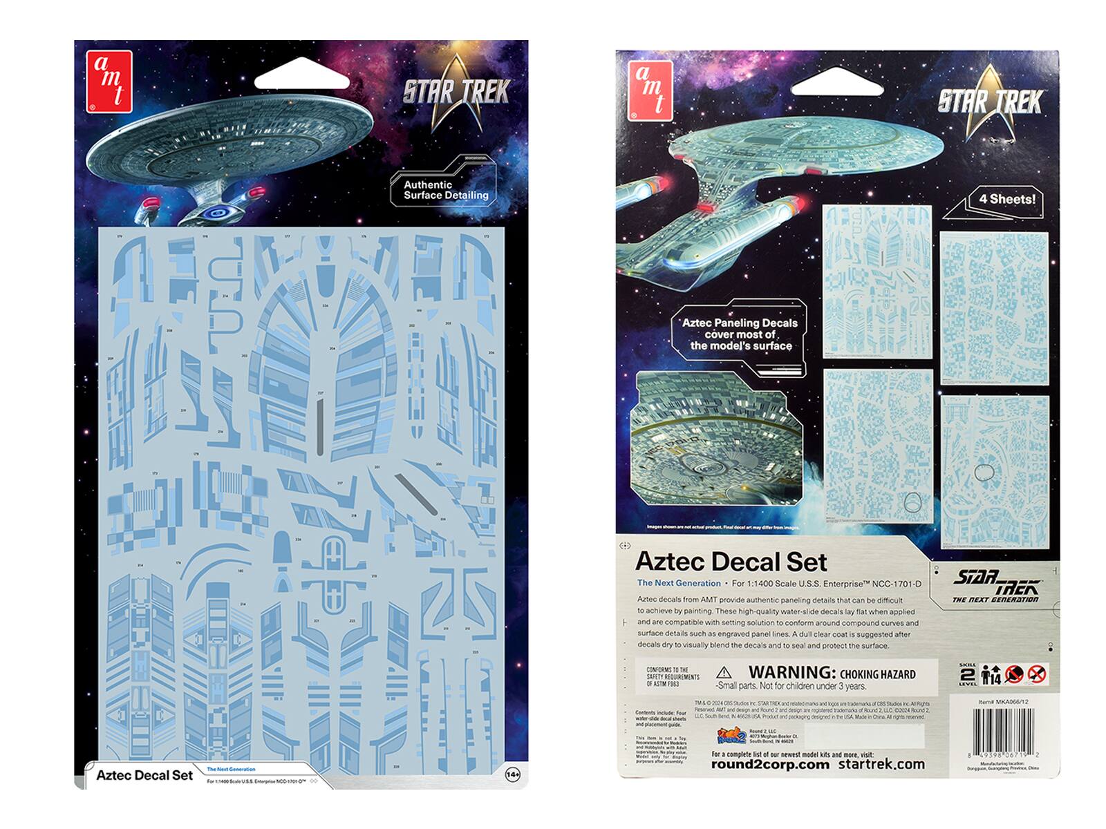 a "m m t O STAR TREK a  t STAR TREK Authentic Surface Detailing 4 Sheets! Aztec Paneling Decals cover most of the model's surface Aztec Decal Set The Next Generation For 5:1400 Scale U.S.S. Enterprise NCC-1701-D Aztec decals from AMT provide authentic paneling details that can be difficult to achieve by painting These high quality water-slide decals lay flat when applied and are compatible with setting solution to conform around compound curves and surface details such as engraved panel lines A clear coat is suggested after decals dry to visually blend the decals and to seal and protect the surface STAR TREK THE NEXT GENERATION - CONFORMS TO THE SAFETY REQUIREMENTS OF ASTM D-4236 WARNING: CHOKING HAZARD Small parts. Not for children under 5 years. .. AMT and a must TH -W os 2 114 SEANZ - Aztec Decal Set - - - - CSVE - 14  complete il e For newest model kits and more visit round2corp.com startrek.com