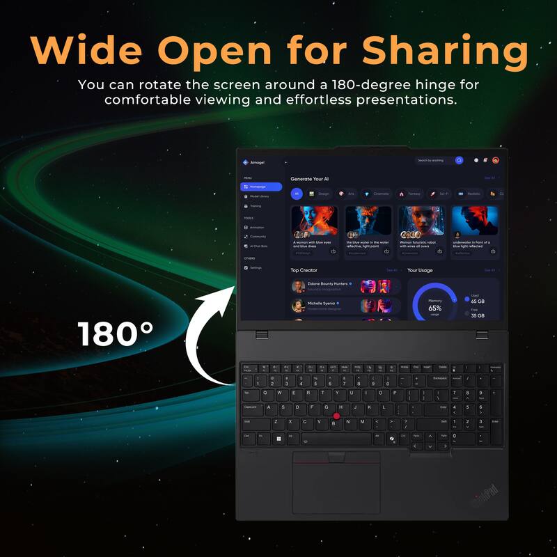 Wide Open for Sharing  
You can rotate the screen around a 180-degree hinge for comfortable viewing and effortless presentations.