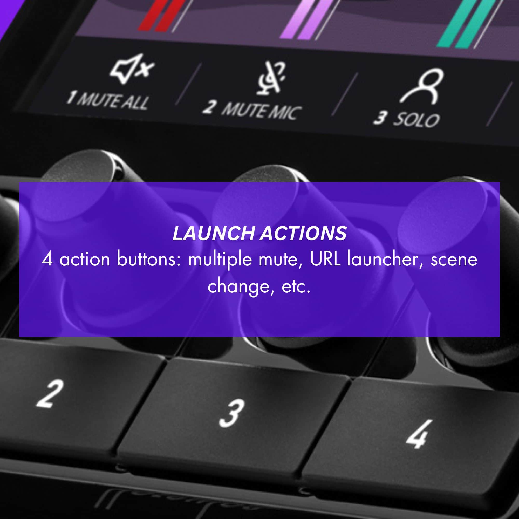 The text on the image is grouped as follows:
1. MUTE ALL
2. MUTE MIC
3. SOLO
4. LAUNCH ACTIONS
5. 4 action buttons: multiple mute, URL launcher, scene change, etc.
6. 2
7. 3
8. 4