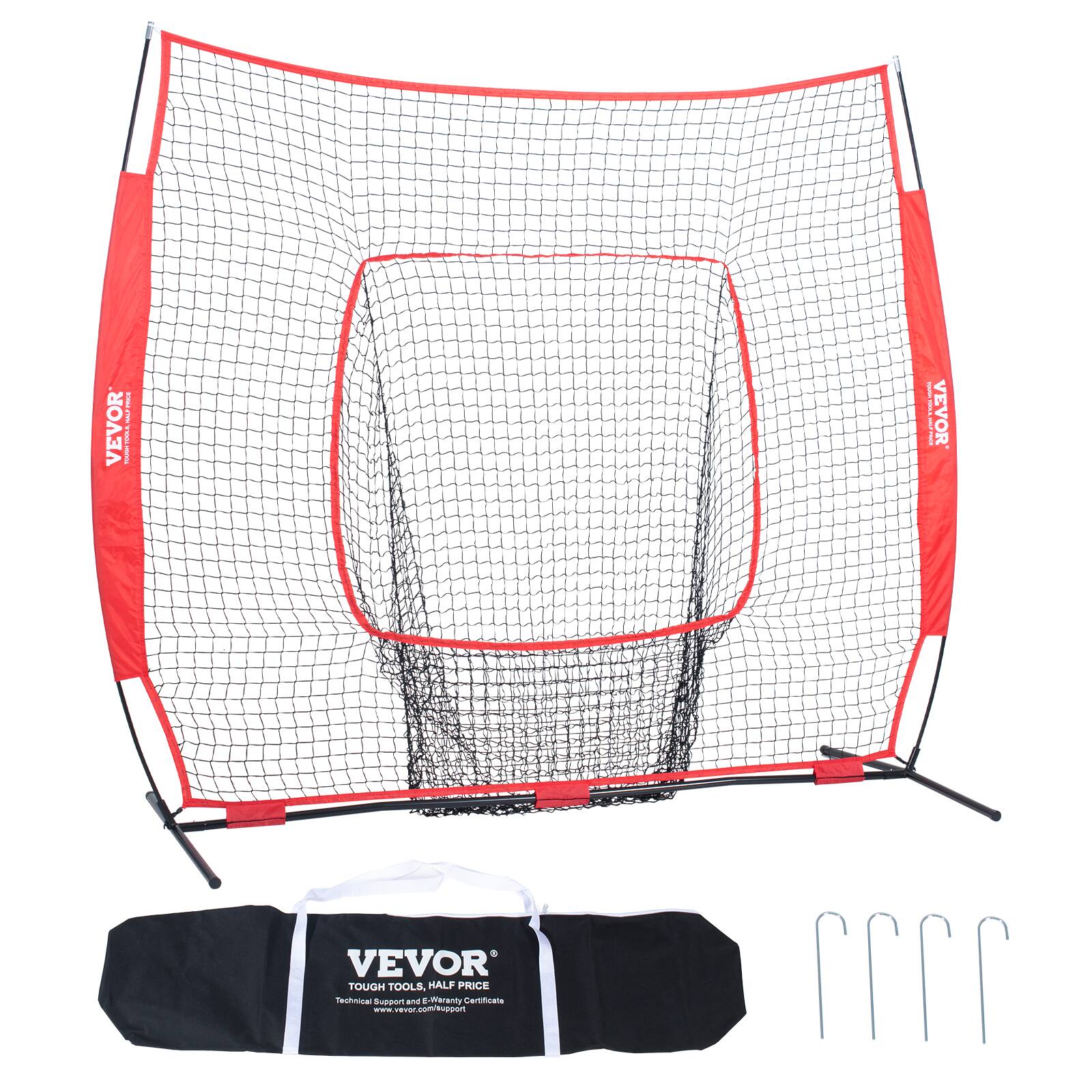 VEVOR - 7x7 ft Baseball Softball Practice Net, Portable Baseball Training Net for Hitting Batting Catching Pitching - Red