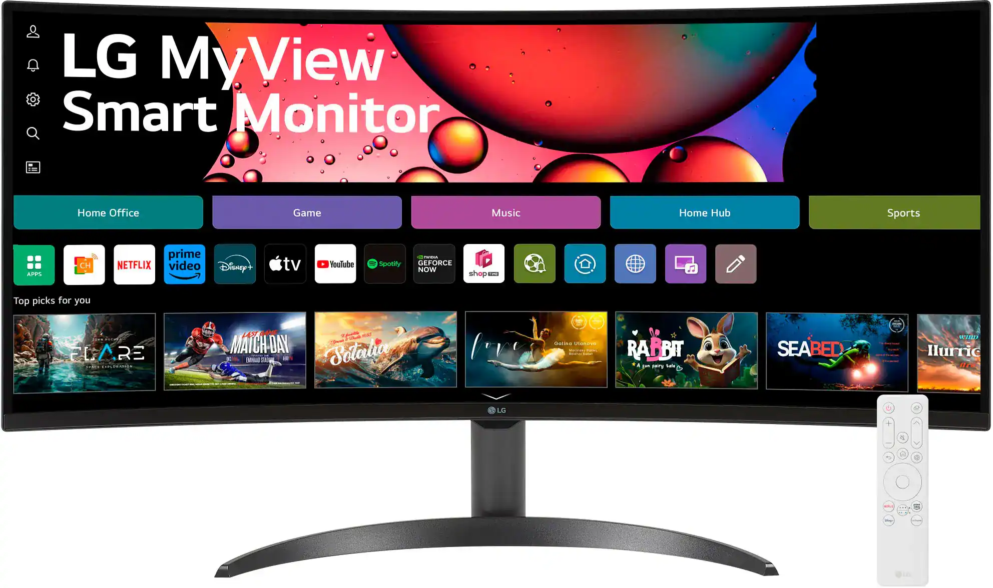 LG My View Smart Monitor Home Office Game Music Home Hub Sports APPS CH prime NETFLIX video Disney+ tv YouTube I Spotify . Ca GEFORCE NOW shop i Top picks for you ELARE JS RE JUA G.AIL GANE MAICH DAY THINAAD STATIVAL Ty * MAT Sotatia Galina u - - - I RARBIT + A gum pairy Sale SEABED WInD Iurric ( LG 2 2 IS i O