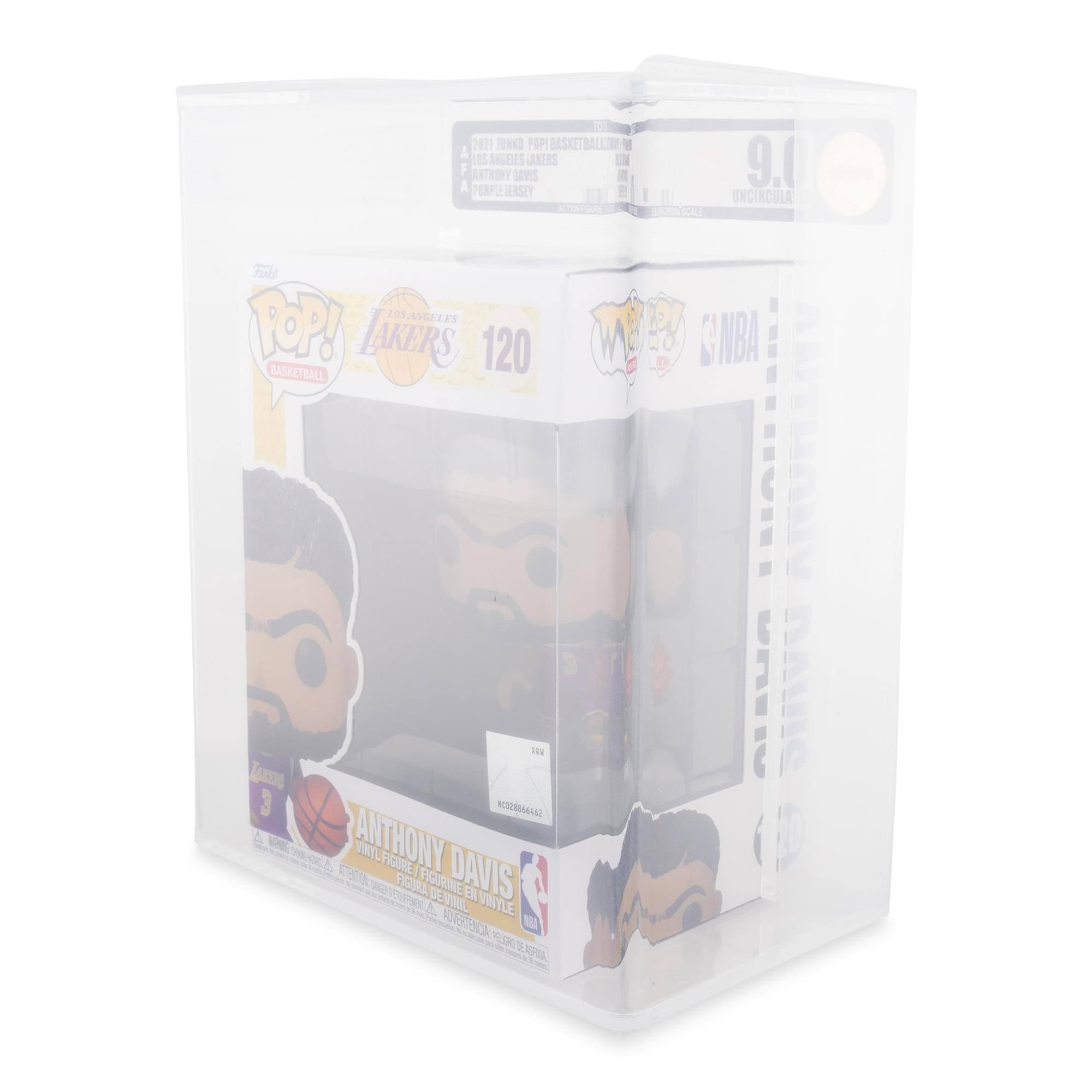 Sure, here is the corrected and grouped text from the image:

---

**Top Left:**
- POP! Basketball
- Los Angeles Lakers
- 120
- Anthony Davis
- Purple Jersey

**Top Right:**
- 9.0
- Uncirculated

**Top Center:**
- 2021 Funko Pop
- Los Angeles Lakers
- Anthony Davis
- Purple Jersey

**Bottom Left:**
- POP! Basketball
- Anthony Davis
- Vinyl Figure / Figurine en Vinyle / Figura de Vinilo
- 3

**Bottom Center:**
- NBA

**Bottom Right:**
- 2021
- KC088645

---

This text is organized based on its location on the packaging.