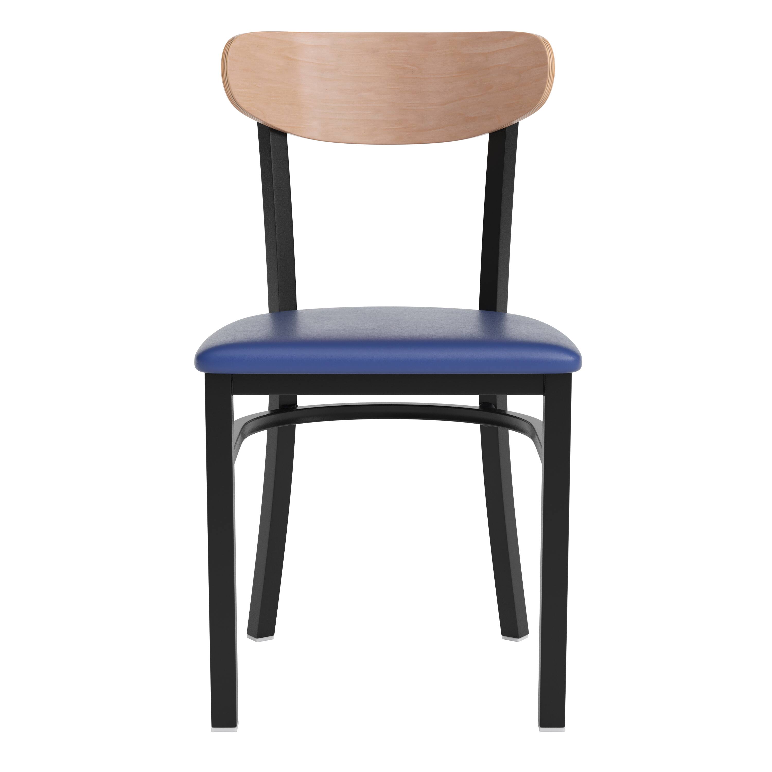 Alt View 9. Emma + Oliver - Yara Industrial Dining Chair with Rolled Steel Frame and Solid Wood Seat - 500 lbs. Static Weight Capacity - Natural Birch Wood Back/Blue Vinyl Seat.