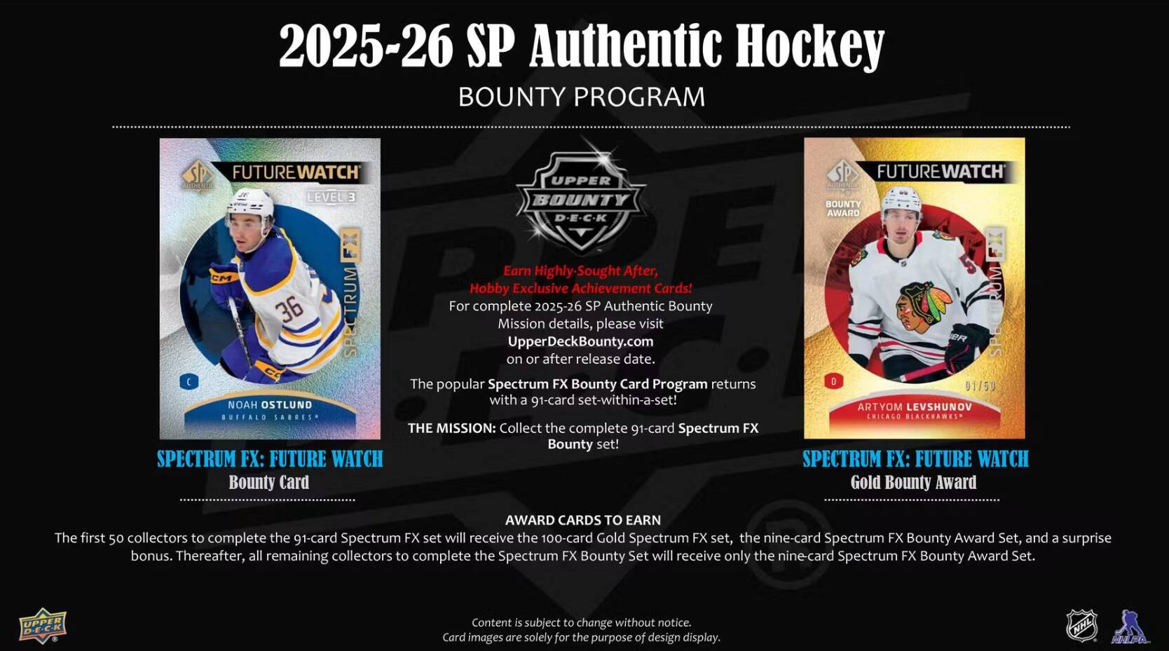 2025-26 SP Authentic Hockey BOUNTY PROGRAM

FUTURE WATCH LEVEL CM 36 TRUM SPEC (NOAH OSTLUND BUFFALO SABRES SPECTRUM FX: FUTURE WATCH Bounty Card

UPPER BOUNTY D-E-C-K Earn Highly-Sought After, Hobby Exclusive Achievement Cards! For complete 2025-26 SP Authentic Bounty Mission details, please visit UpperDeckBounty.com on or after release date. The popular Spectrum FX Bounty Card Program returns with a 91-card set-within-a-set! THE MISSION: Collect the complete 91-card Spectrum FX Bounty set!

FUTURE WATCH BOUNTY AWARD RUMFX SPE 0 01/50 ARTYOM LEVSHUNOV CHICAGO BLACKAWKS SPECTRUM FX: FUTURE WATCH Gold Bounty Award

AWARD CARDS TO EARN The first 50 collectors to complete the 91-card Spectrum FX set will receive the 100-card Gold Spectrum FX set, the nine-card Spectrum FX Bounty Award Set, and a surprise bonus. Thereafter, all remaining collectors to complete the Spectrum FX Bounty Set will receive only the nine-card Spectrum FX Bounty Award Set