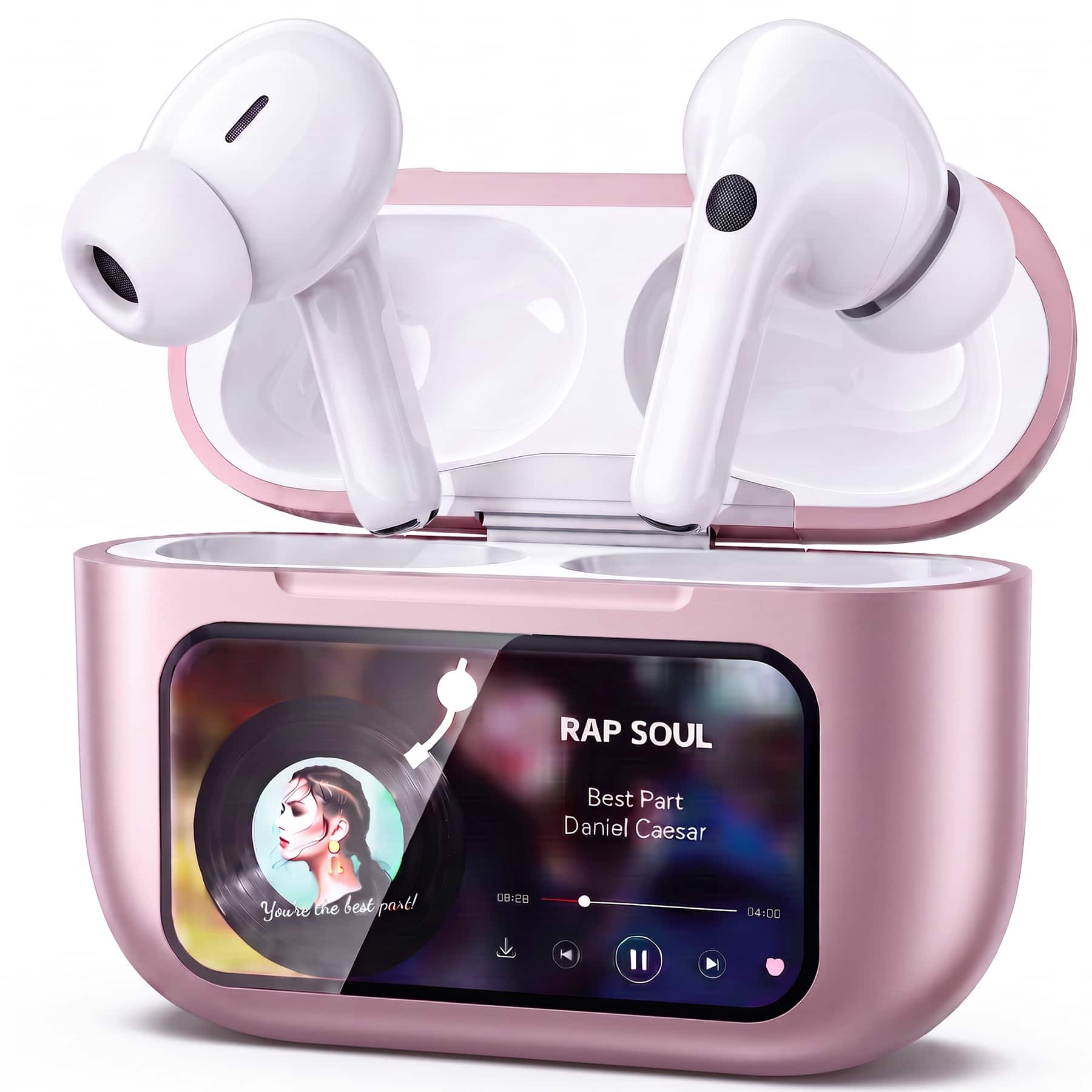 VEAT00L - A9 ANC+ENC Earbuds with Smart Touch Screen,Bluetooth 5.4, HiFi Stereo Multiple EQ settings - Pink