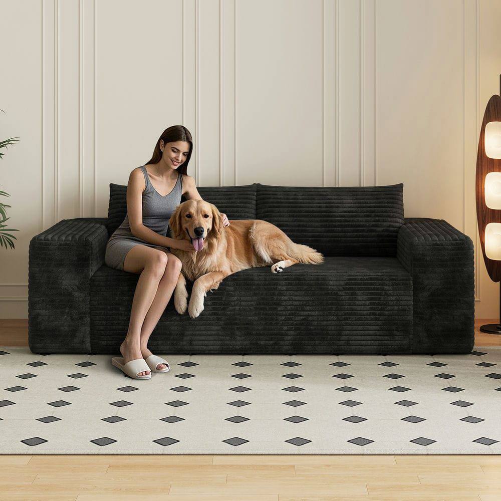 Back. Kadyn - 78.8" Corduroy Fabric Loveseat Sofa, Deep Seat Couch, No Assembly, for Living Room & Apartment, Black - Black.