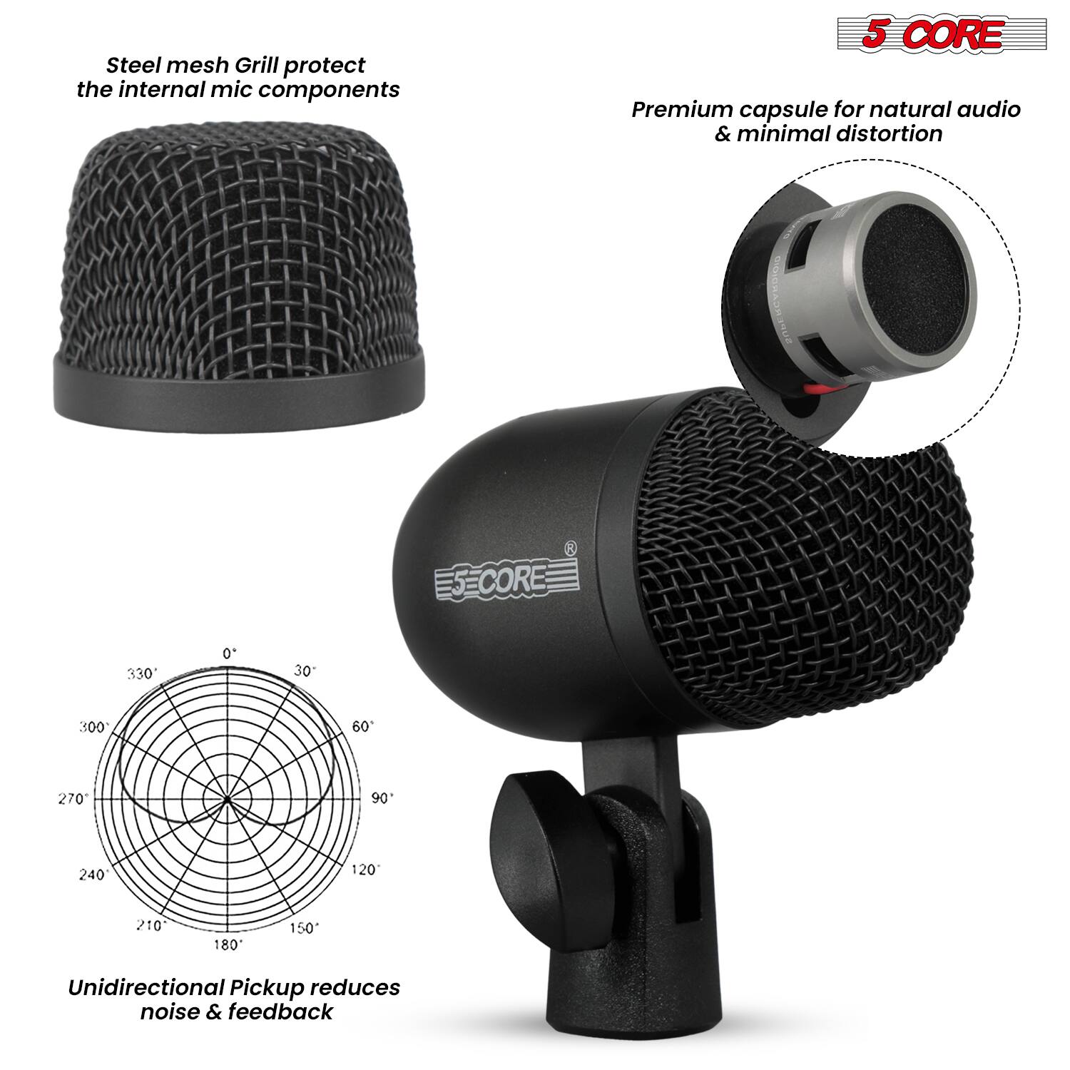 - Steel mesh Grill protects the internal mic components
- Premium capsule for natural audio & minimal distortion
- Unidirectional Pickup reduces noise & feedback