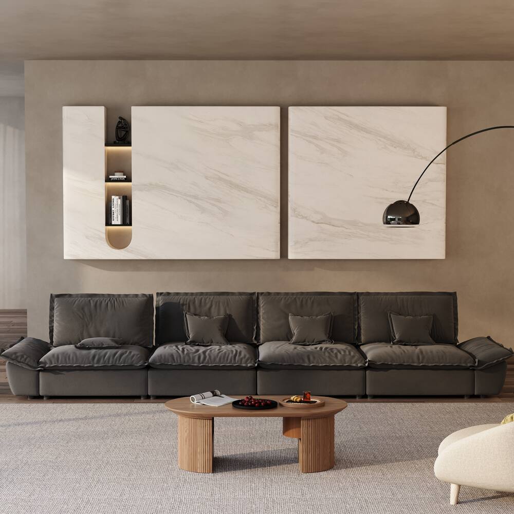 Angle. POVISON - 182.67" Modern Deep Sofa with Adjustable Backrest - Gray Suede Fabric.